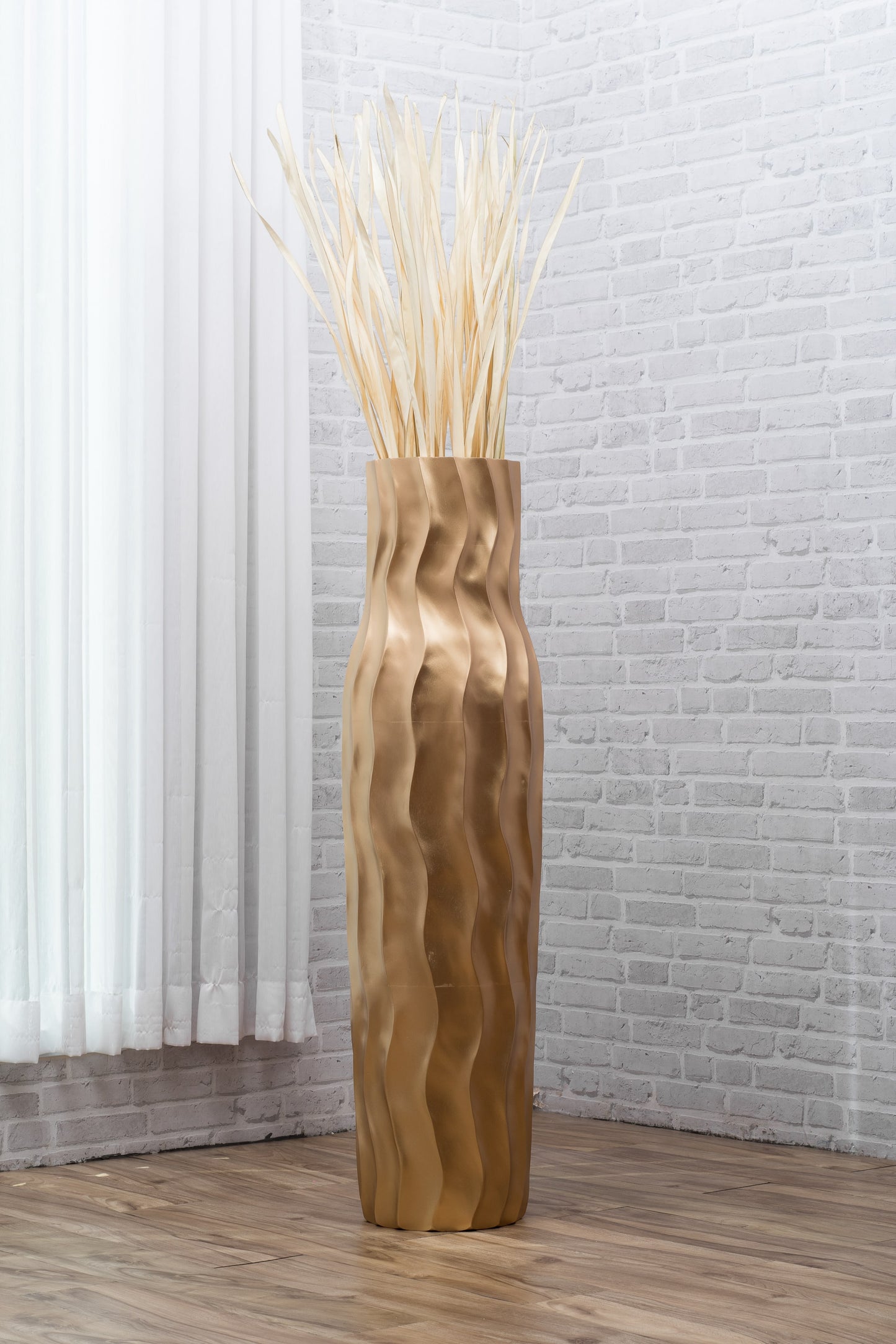 Large Mango Wood Floor Vase – Handcrafted Decorative Highlight from Thailand, gold, 105 cm