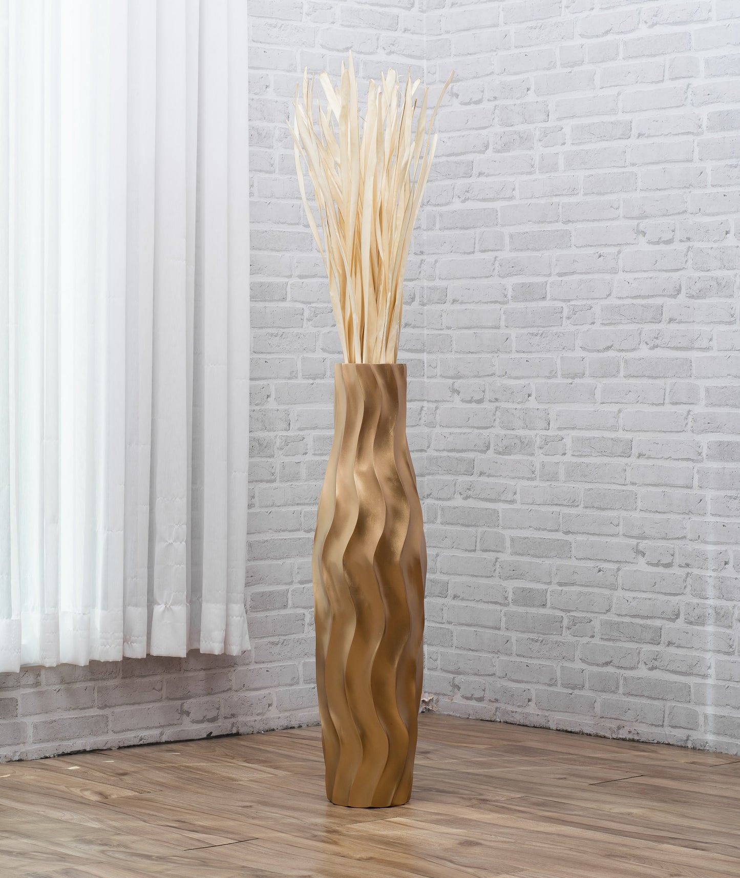 Large Mango Wood Floor Vase – Handcrafted Decorative Highlight from Thailand, gold, 65 cm