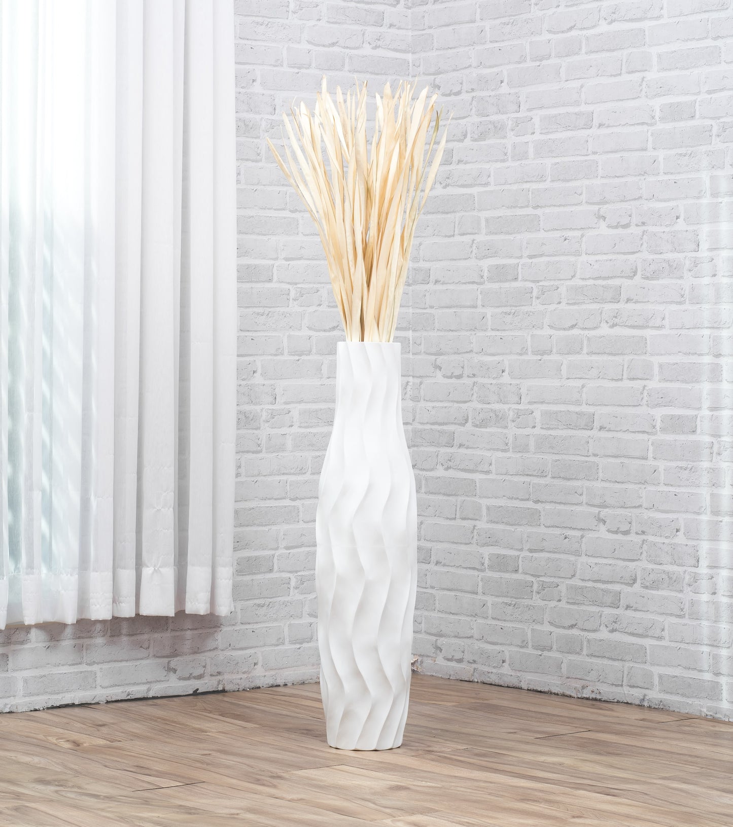 Large Mango Wood Floor Vase – Handcrafted Decorative Highlight from Thailand, white, 65 cm