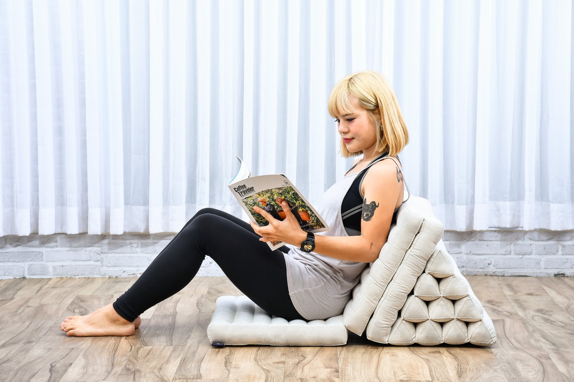 Thai Folding Mat with Triangle Cushion – Handmade Kapok Relax Mat for Sleeping, Reading & Lounging, Cl01 - Ecru, 3 seating segments