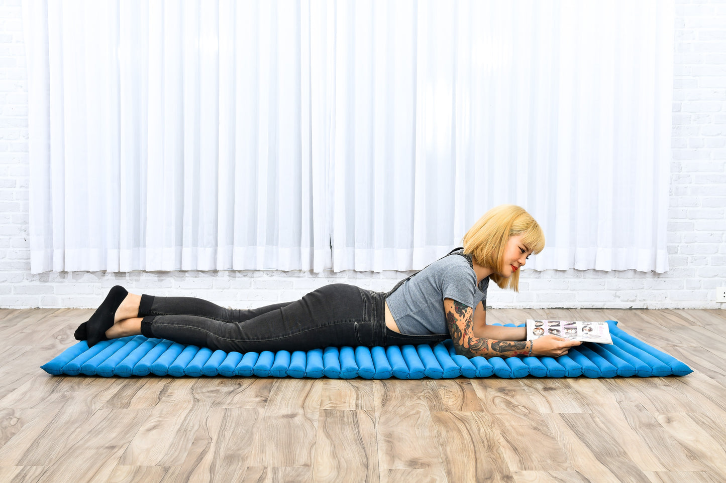 Kapok Roll-Up Mattress – Foldable Sleeping & Relax Mat with Cotton Cover for Home & Outdoor Use, Cl22 - Light Blue, M: 190x70 cm