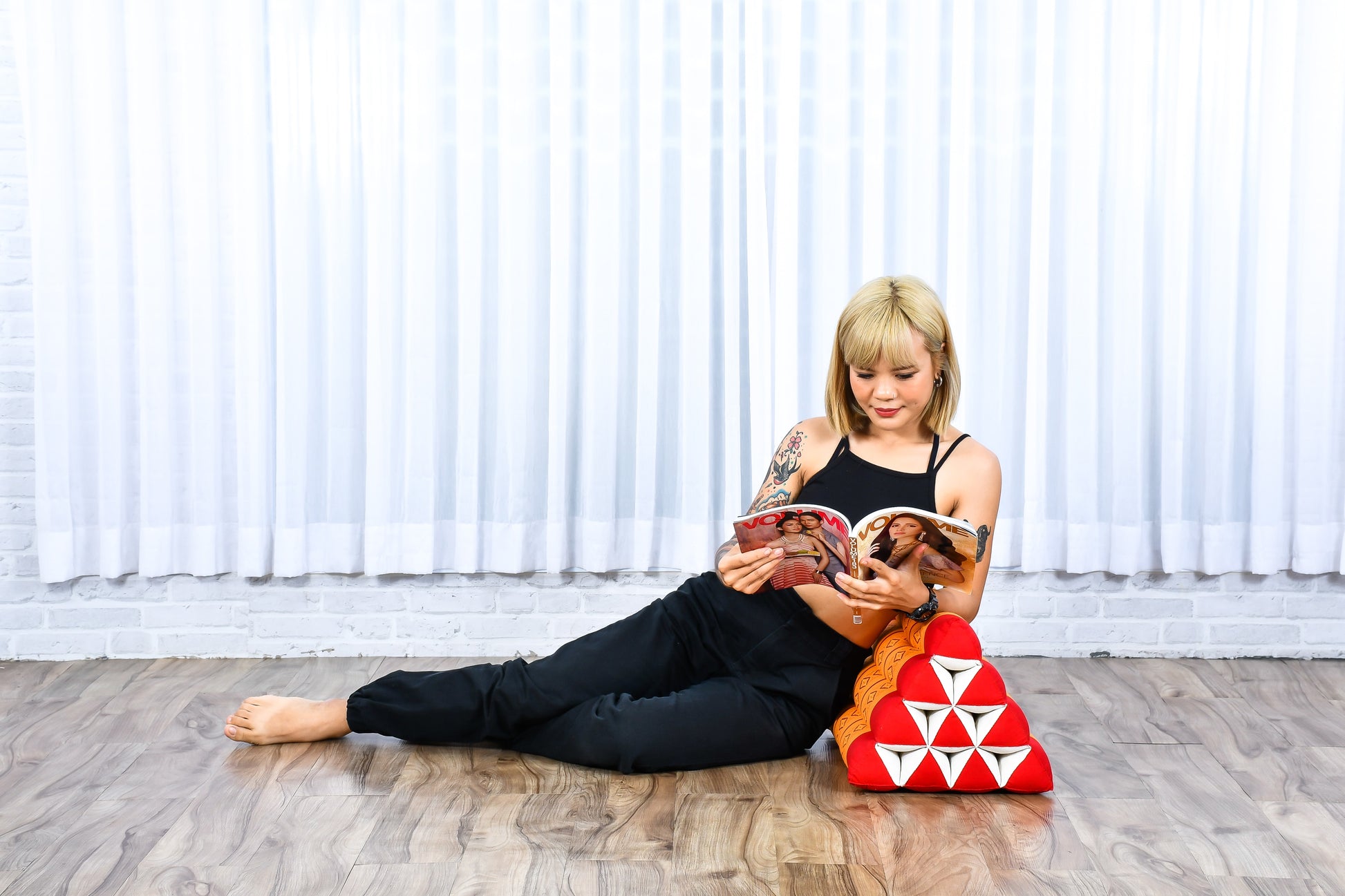 Triangular Kapok Backrest Cushion – Firm Thai Reading Pillow with Cotton Cover in Plain or Patterned Designs, Sf02 - Orange, triangle cushion