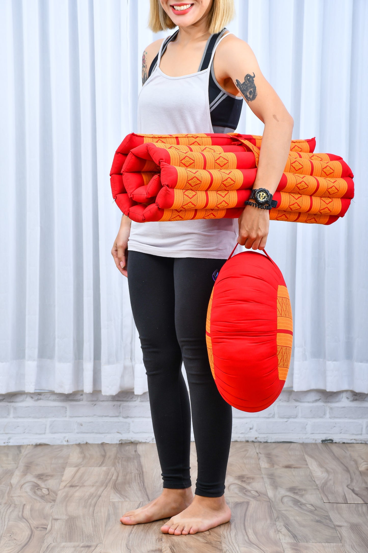 Kapok Meditation Cushion Set – Zabuton Mat & Zafu Seat Cushion with Cotton Cover, Sf02 - Orange