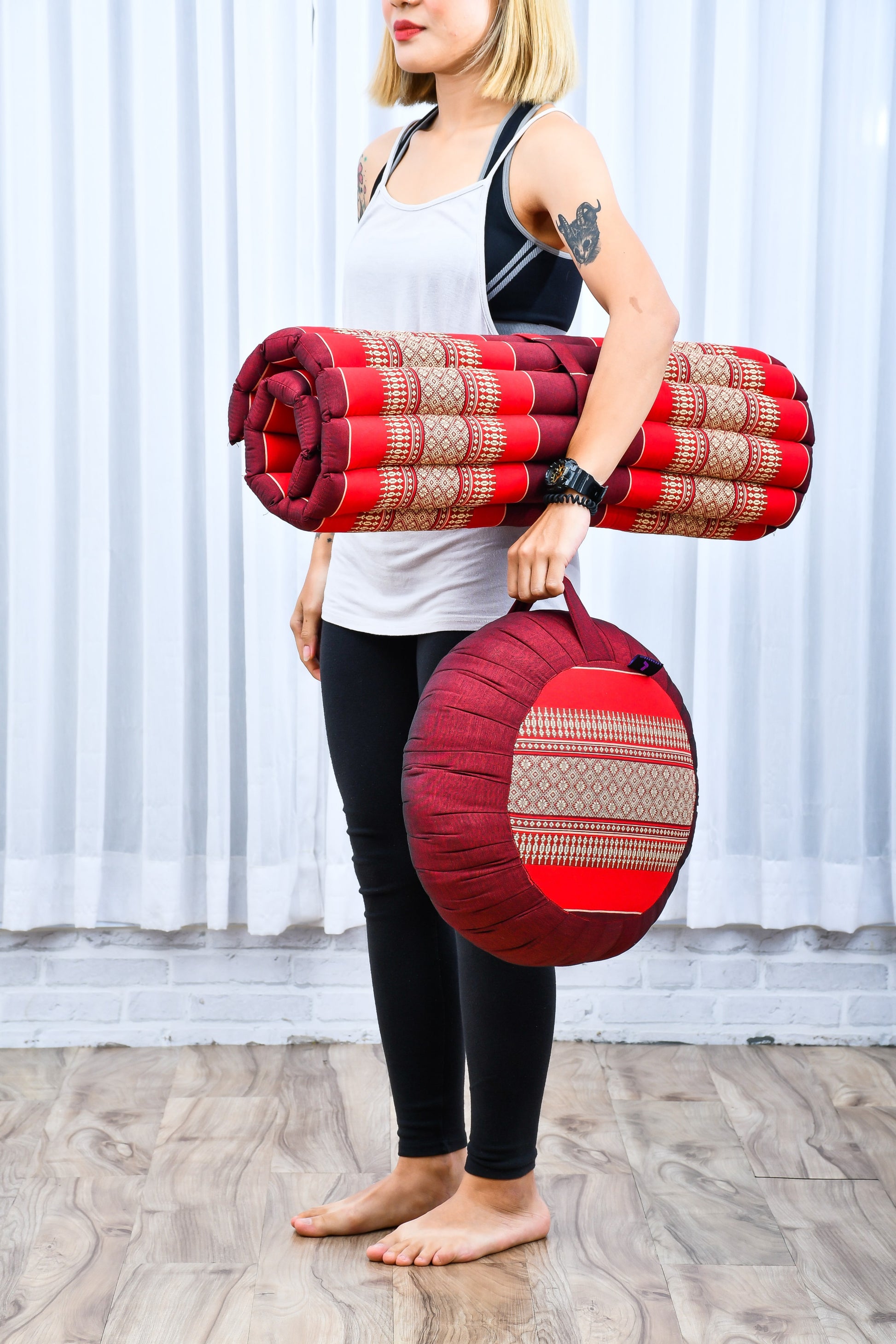 Kapok Meditation Cushion Set – Zabuton Mat & Zafu Seat Cushion with Cotton Cover, Sf24 - Red, Brown