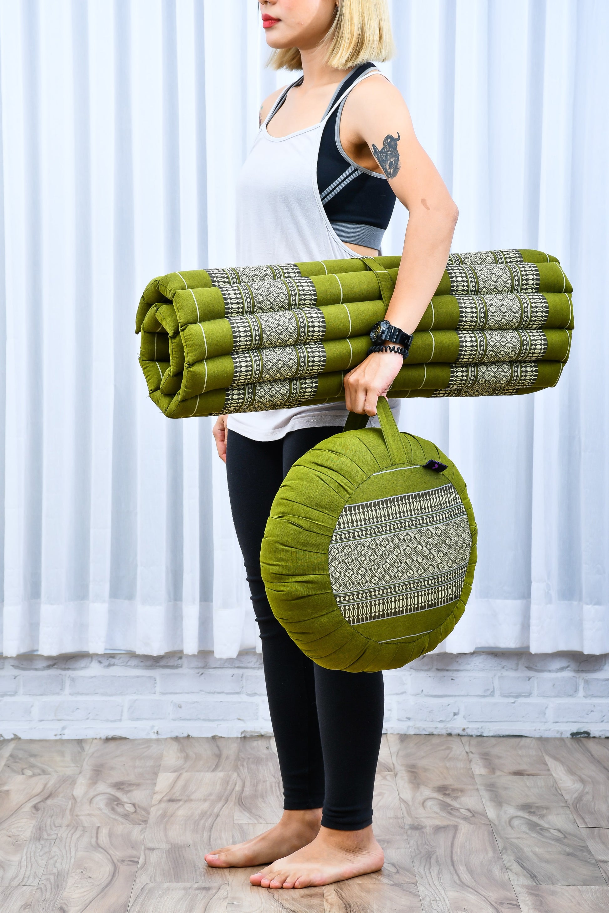 Kapok Meditation Cushion Set – Zabuton Mat & Zafu Seat Cushion with Cotton Cover, Sf17 - Green