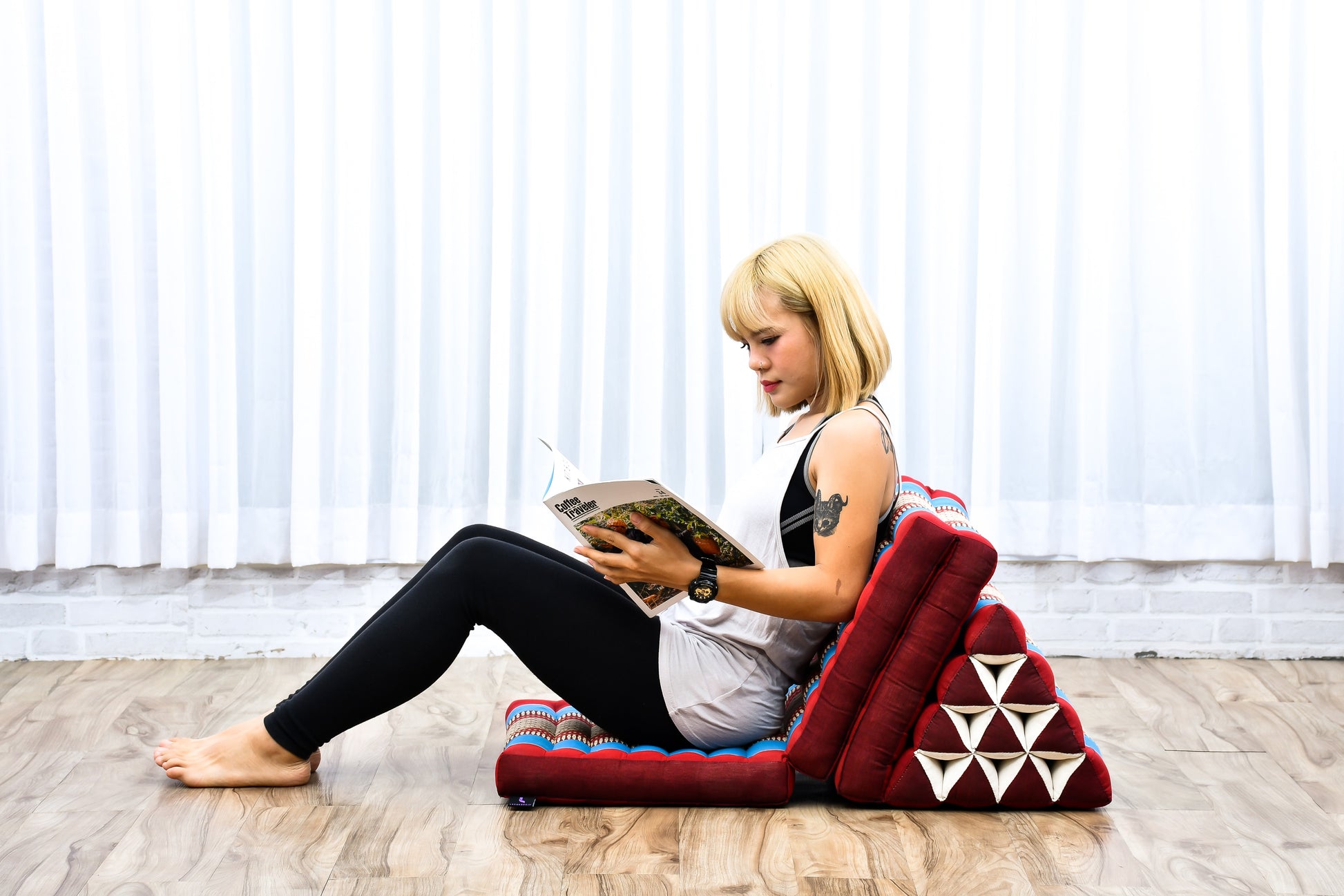 Thai Folding Mat with Triangle Cushion – Handmade Kapok Relax Mat for Sleeping, Reading & Lounging, Sf27 - Blue, Red, 3 seating segments