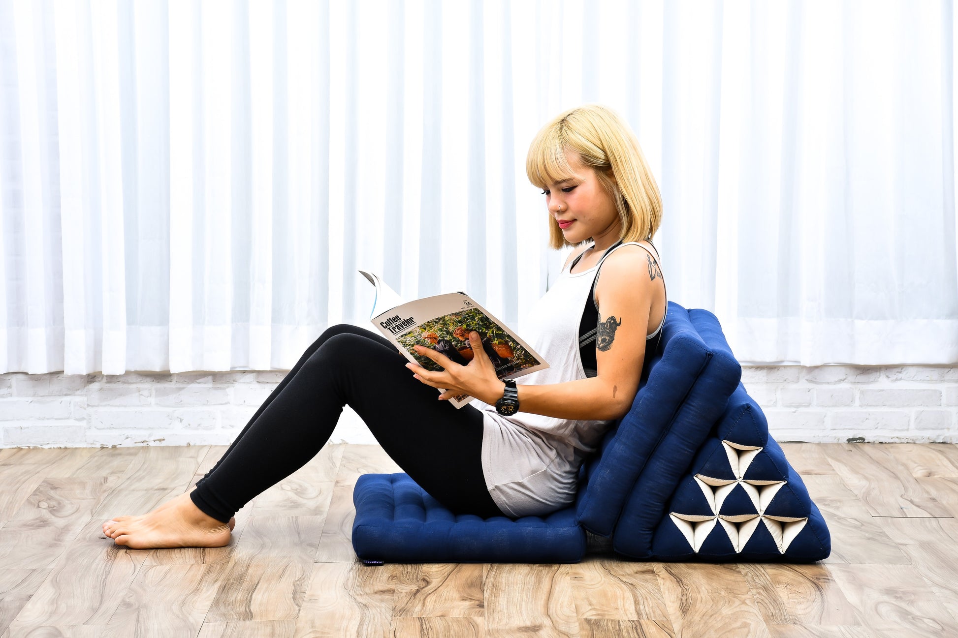 Thai Folding Mat with Triangle Cushion – Handmade Kapok Relax Mat for Sleeping, Reading & Lounging, Cl44 - blue, 3 seating segments
