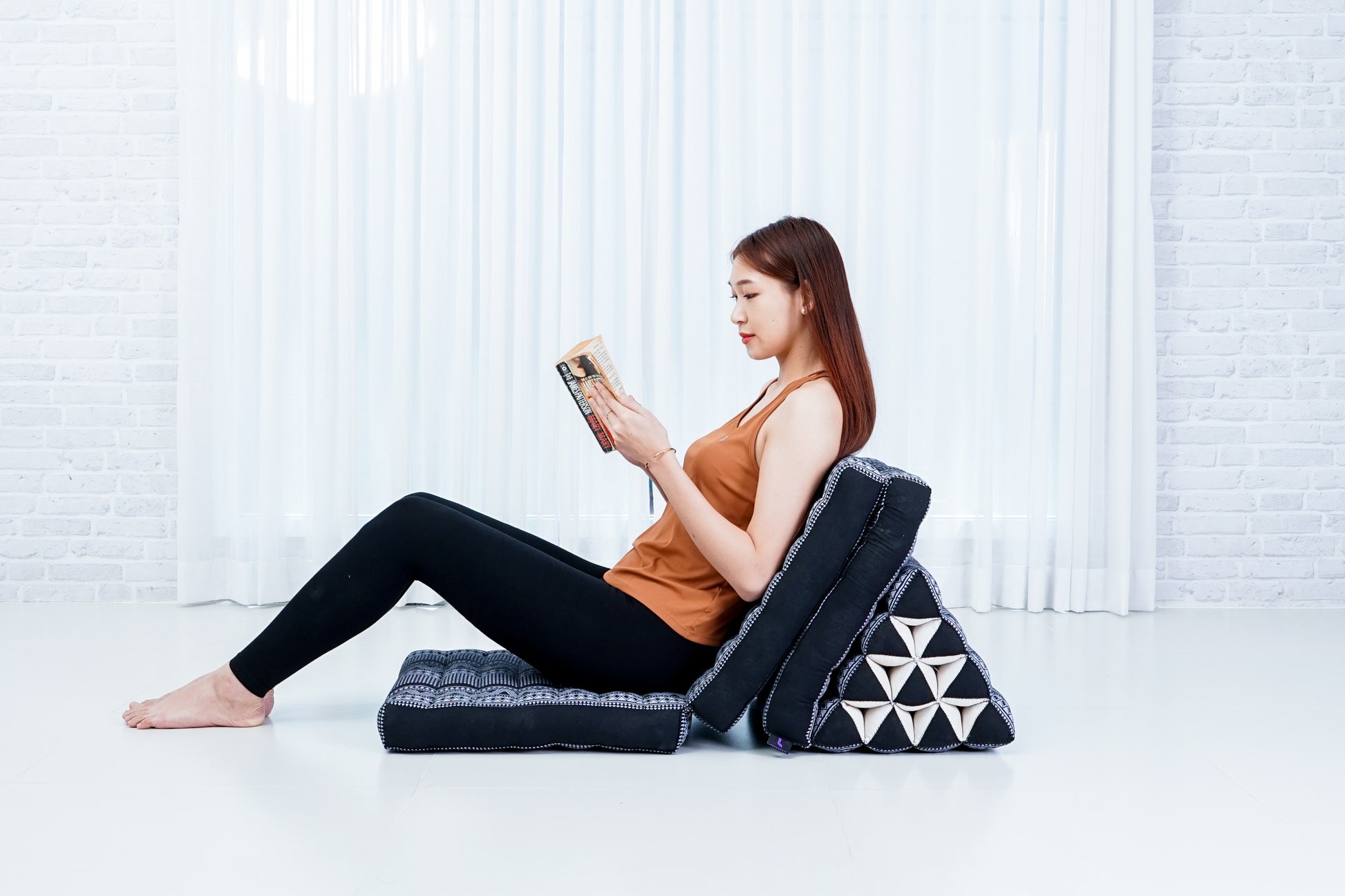 Thai Folding Mat with Triangle Cushion – Handmade Kapok Relax Mat for Sleeping, Reading & Lounging, Cbt3 - Black, 3 seating segments
