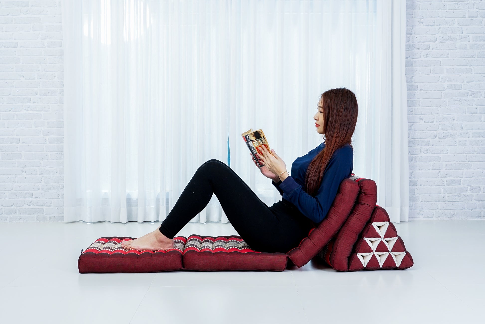 Thai Folding Mat with Triangle Cushion – Handmade Kapok Relax Mat for Sleeping, Reading & Lounging, Sf24 - Red, Brown, 4 seating segments