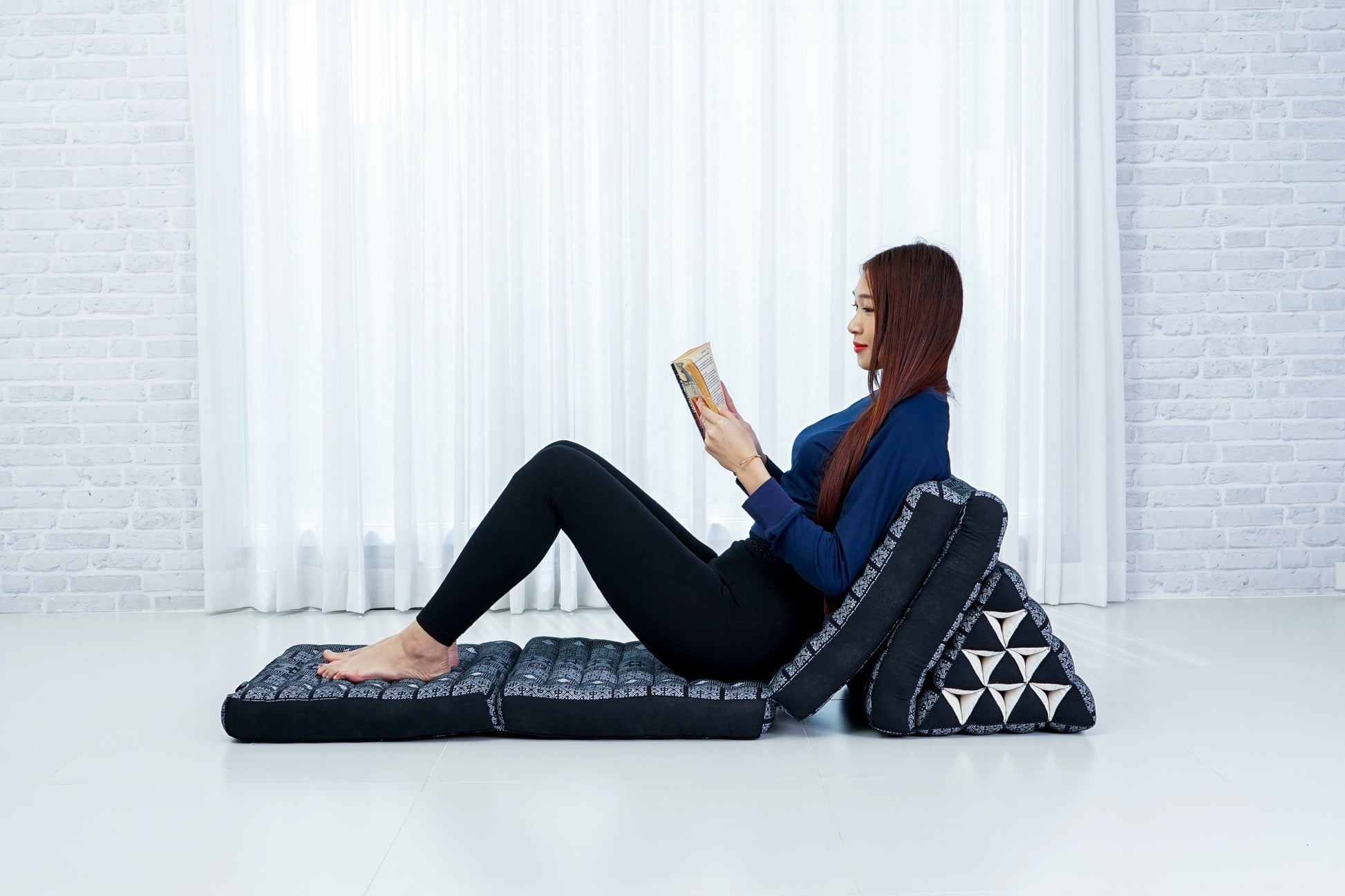 Thai Folding Mat with Triangle Cushion – Handmade Kapok Relax Mat for Sleeping, Reading & Lounging, Cbt4 - Black, 4 seating segments
