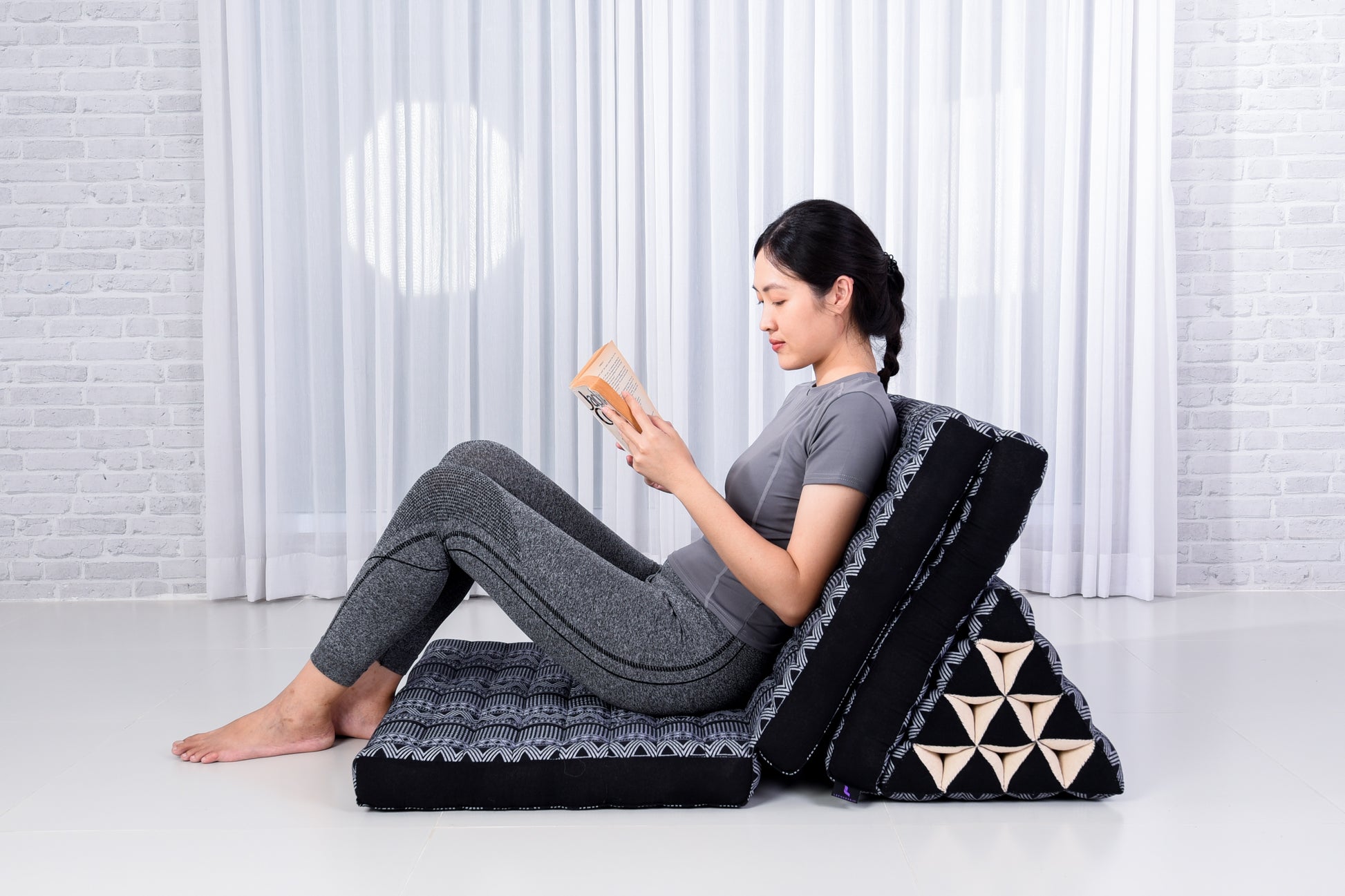 Thai Folding Mat with Triangle Cushion – Handmade Kapok Relax Mat for Sleeping, Reading & Lounging, Cbt3 - Black, 3 seating segments XL