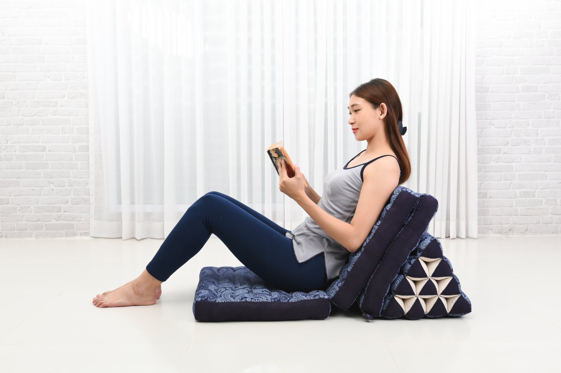Thai Folding Mat with Triangle Cushion – Handmade Kapok Relax Mat for Sleeping, Reading & Lounging, Cbt1 - Blue, 3 seating segments