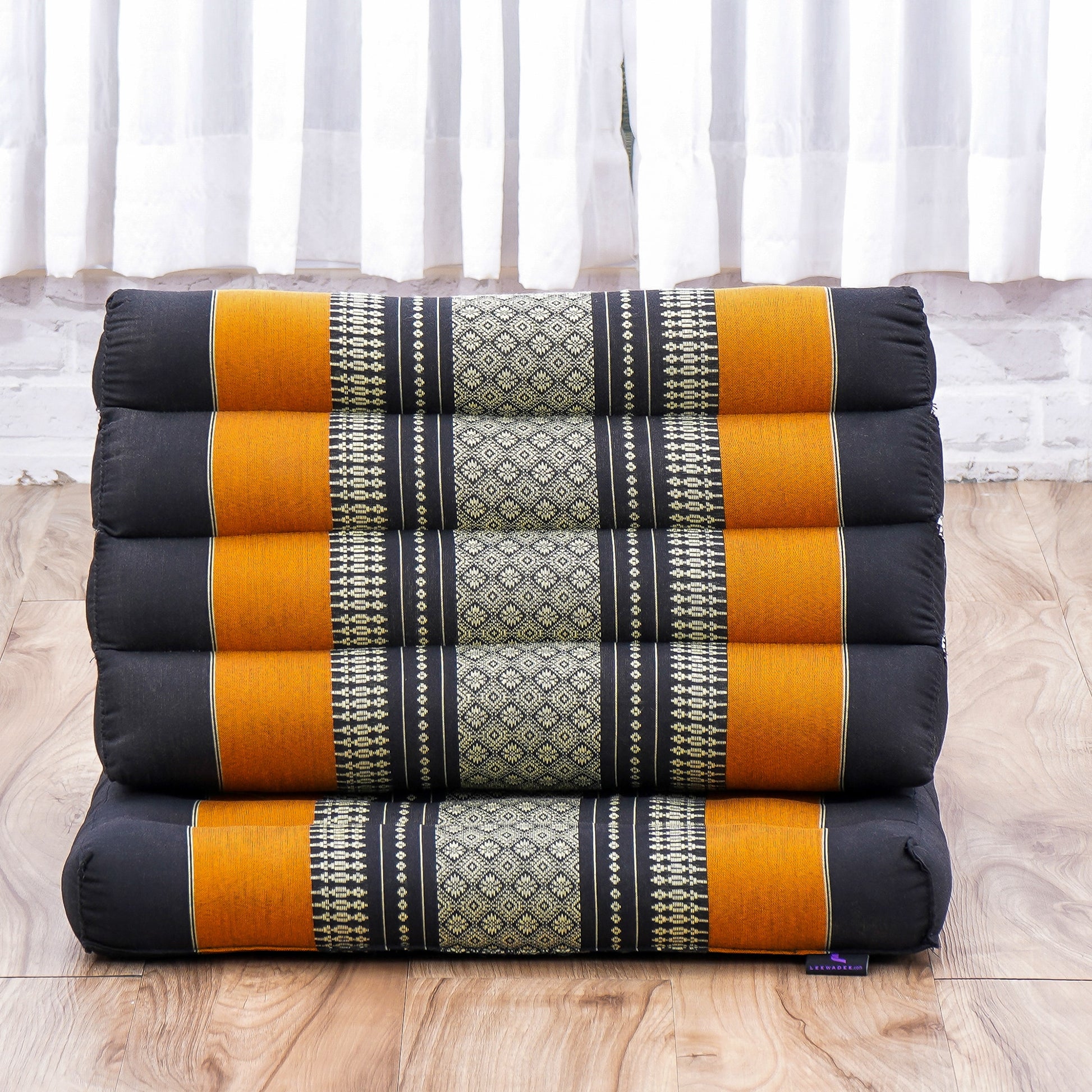 Triangular Kapok Backrest Cushion – Firm Thai Reading Pillow with Cotton Cover in Plain or Patterned Designs, Sf03 - Black, Orange, 1 seating segment