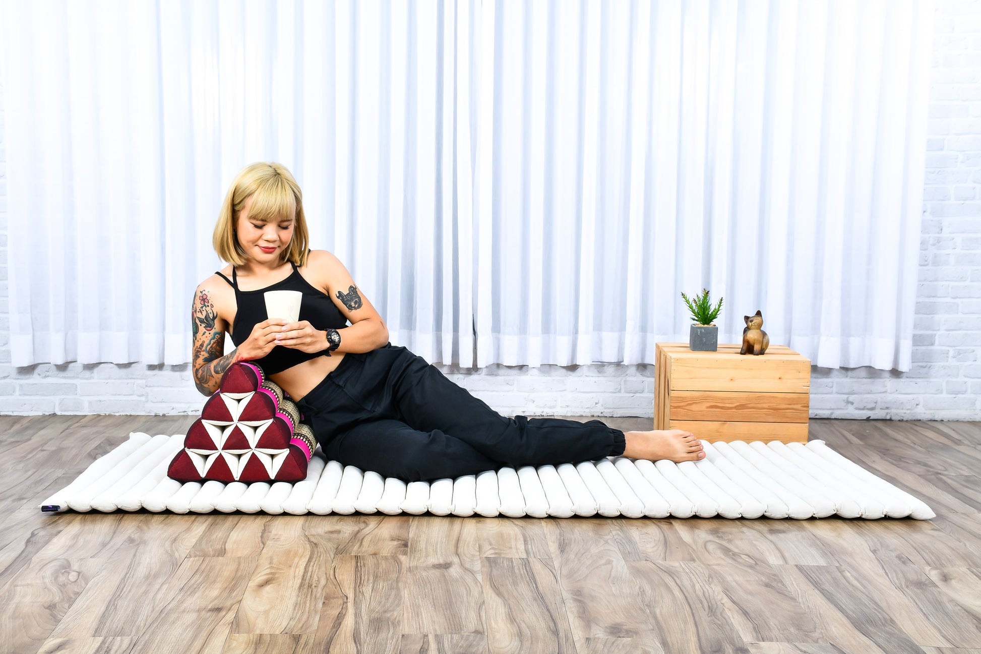 Triangular Kapok Backrest Cushion – Firm Thai Reading Pillow with Cotton Cover in Plain or Patterned Designs, Sf29 - Auburn, Pink, triangle cushion