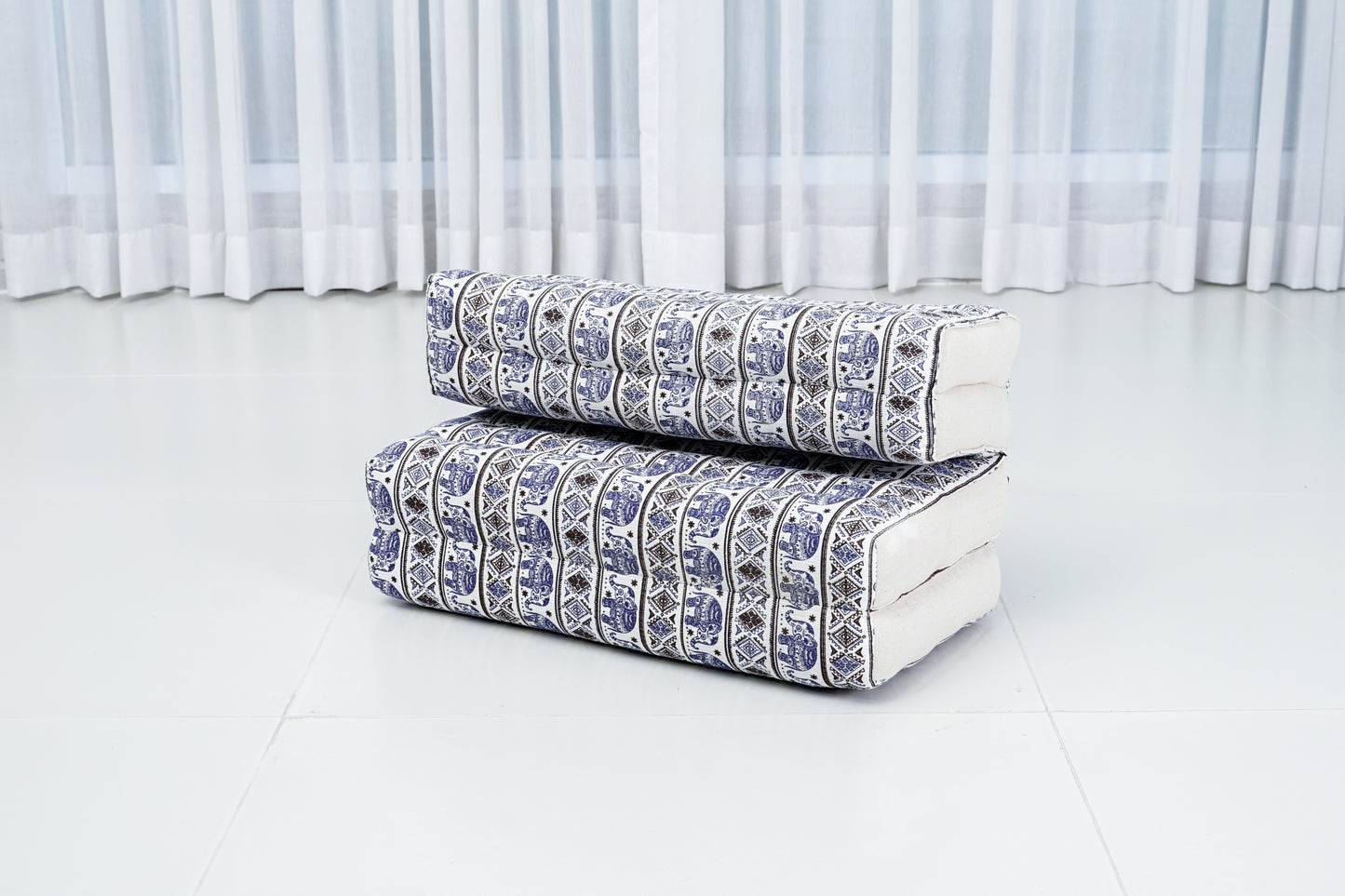 Foldable Meditation Cushion – Compact Kapok Seat with Foot Pad and Cotton Cover in Solid Colors or Thai Pattern, El1 - Blue