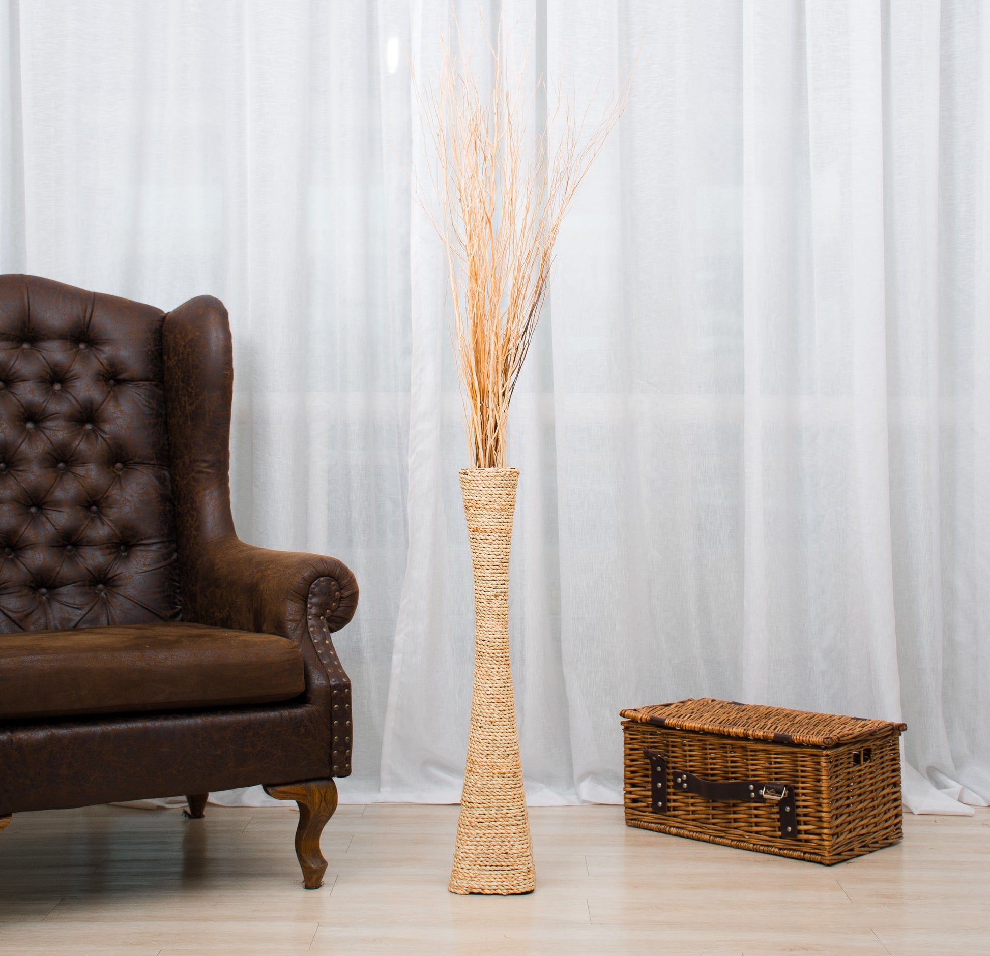 Large & Tall Floor Vase Made of Water Hyacinth and Bamboo – Handwoven Decorative Stand Vase for Dried Flowers & Branches, ecru, 70 cm - Modèle 1