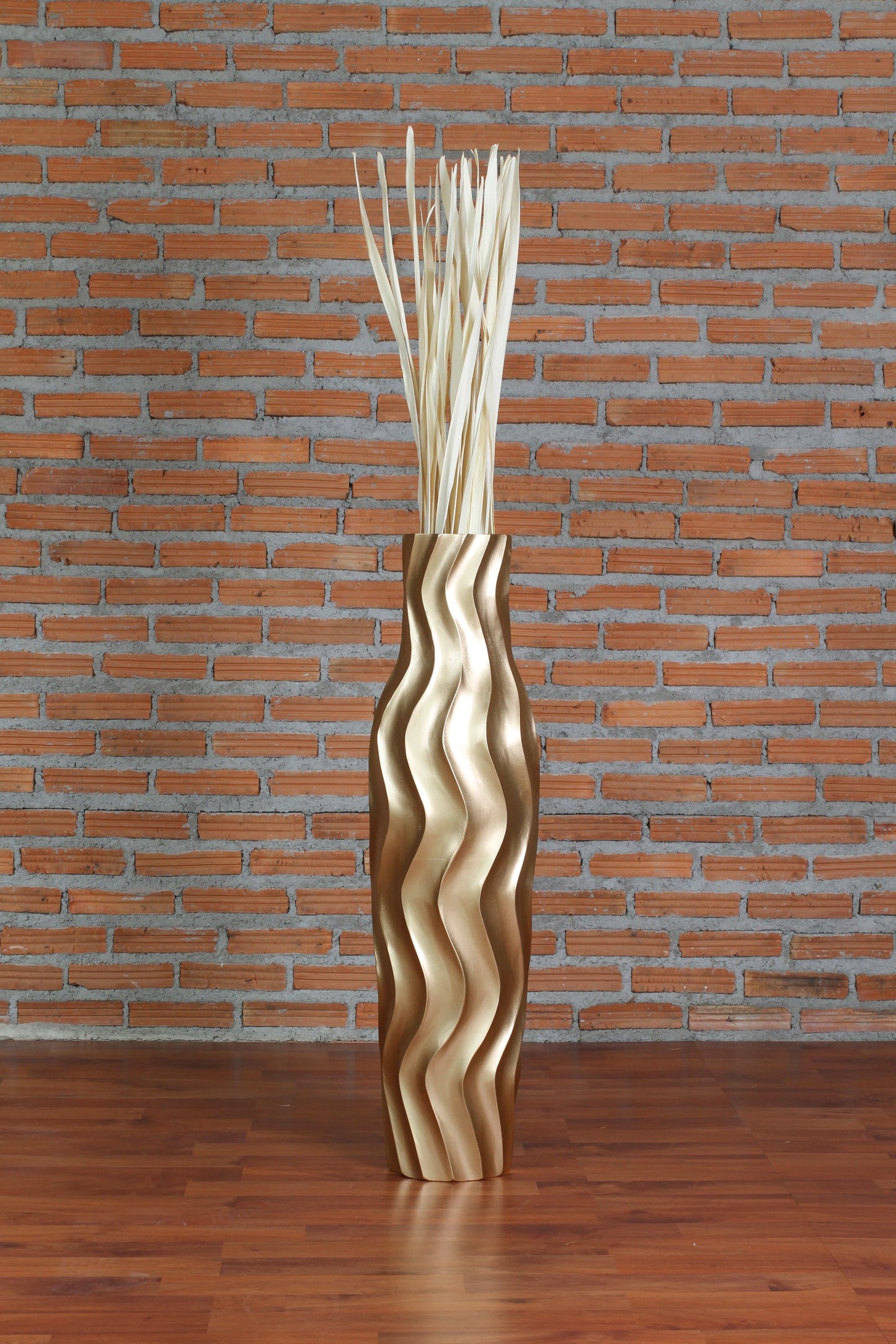 Large Mango Wood Floor Vase – Handcrafted Decorative Highlight from Thailand, gold, 65 cm