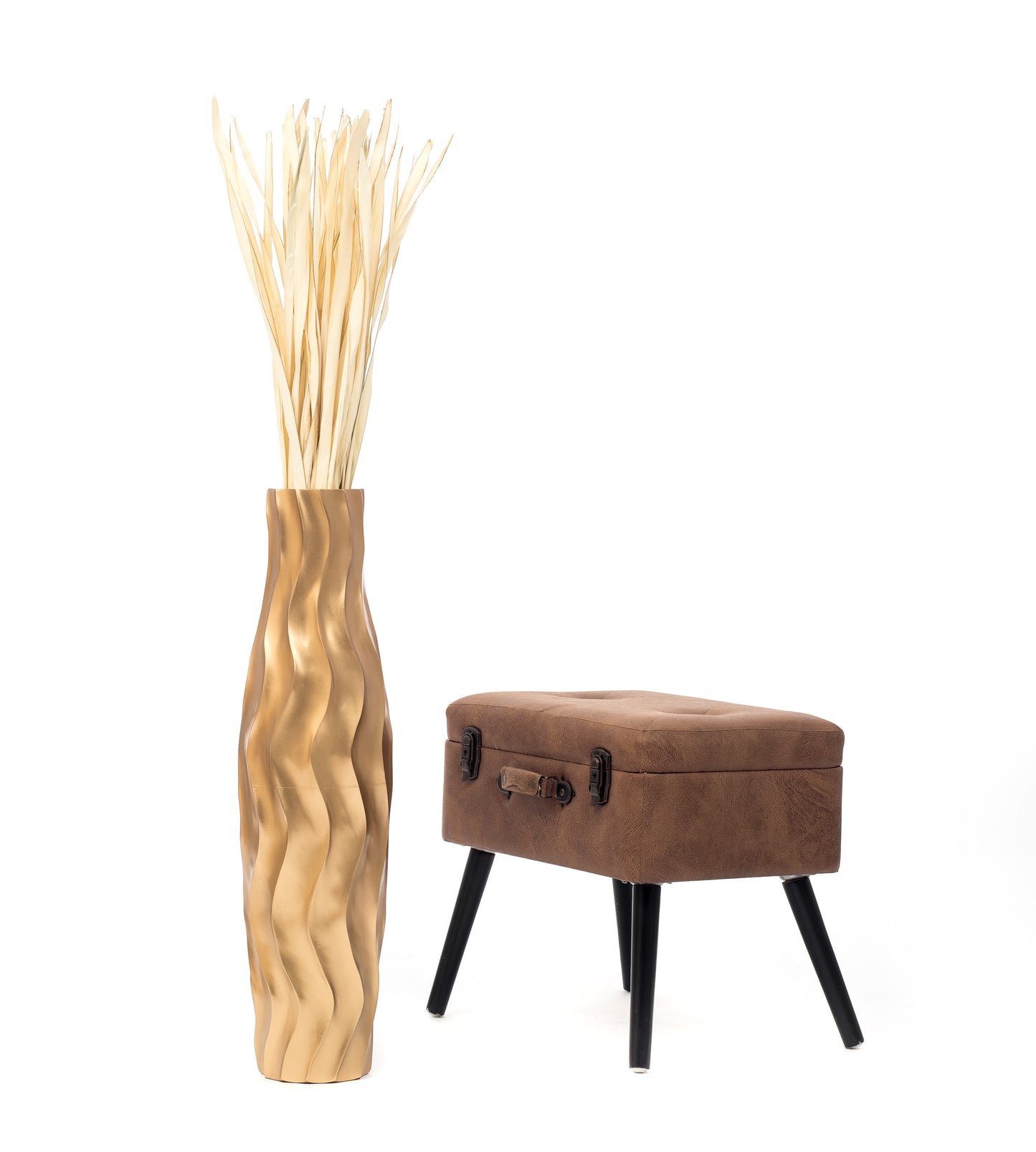 Large Mango Wood Floor Vase – Handcrafted Decorative Highlight from Thailand, gold, 65 cm