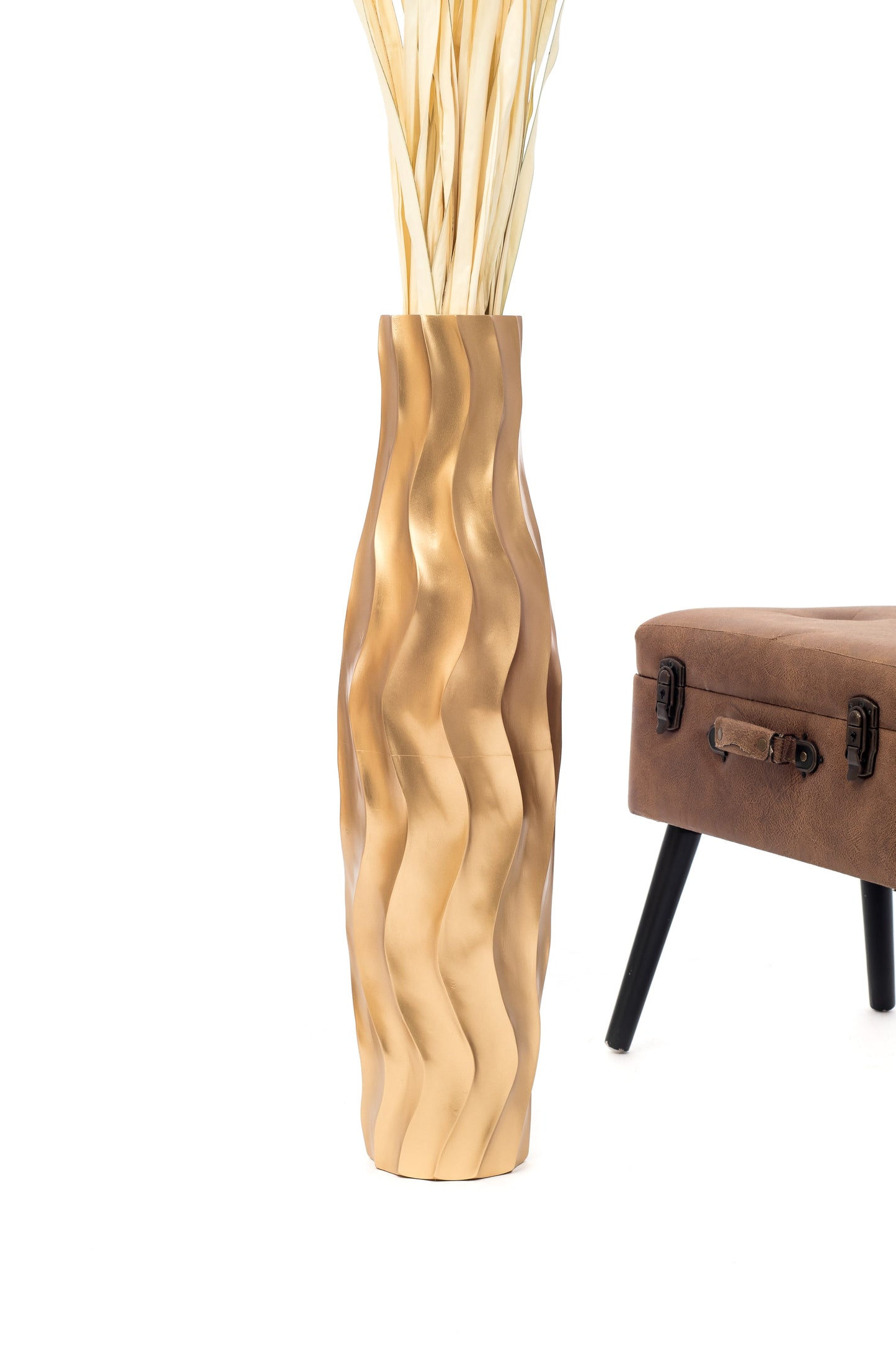 Large Mango Wood Floor Vase – Handcrafted Decorative Highlight from Thailand, gold, 65 cm