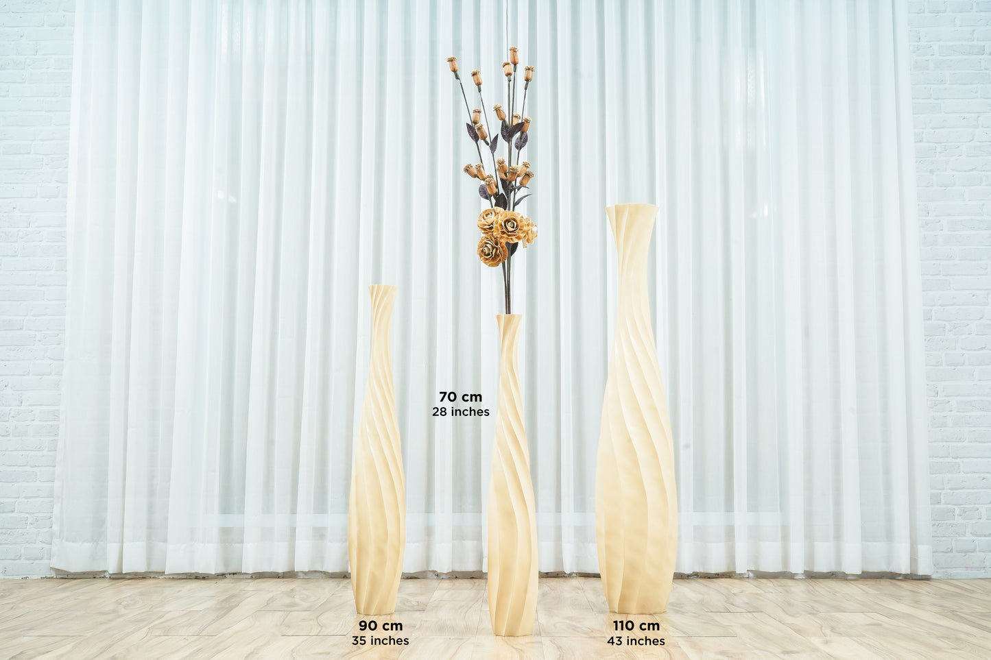Large Mango Wood Floor Vase – Handcrafted Decorative Highlight from Thailand, cream, 85 cm
