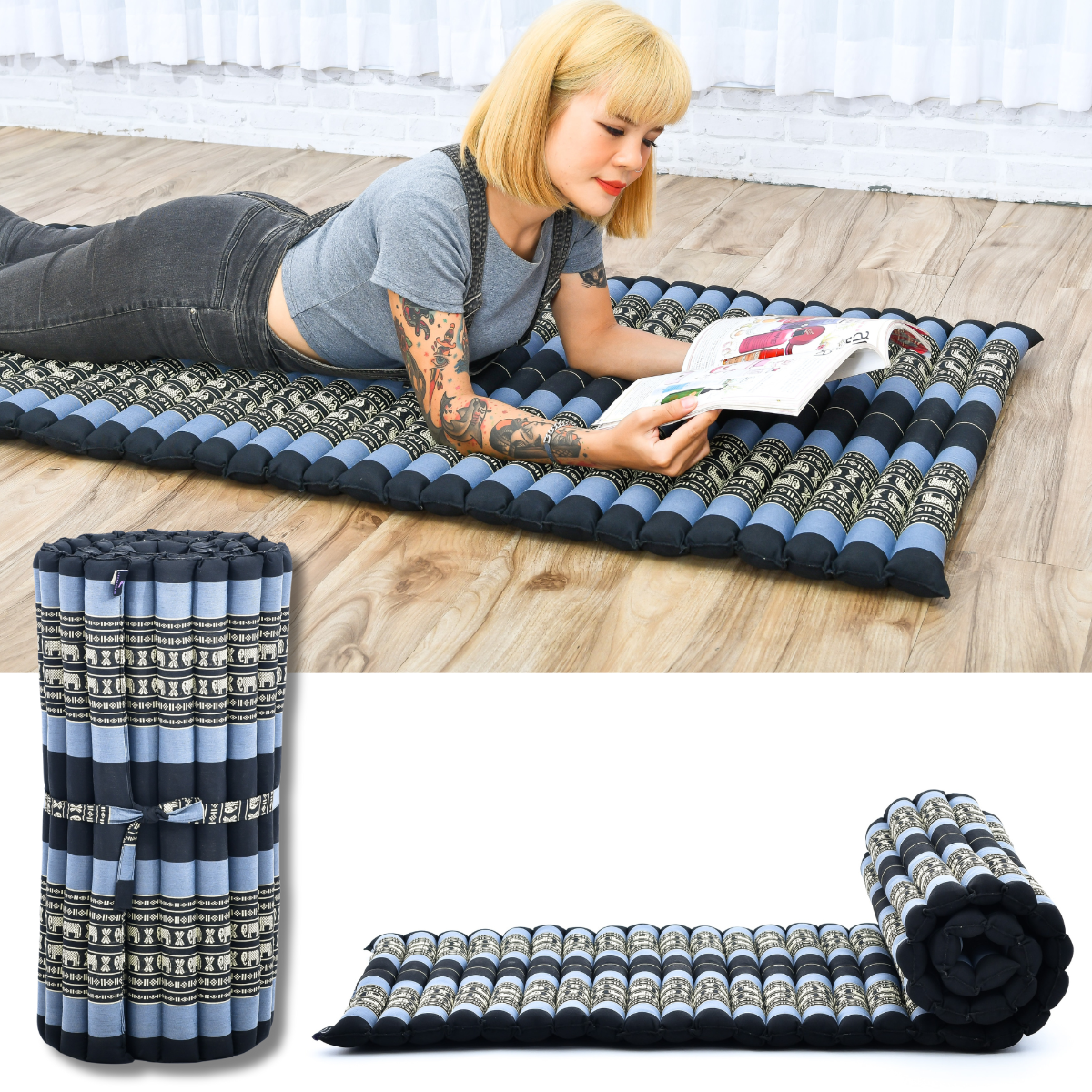 Kapok Roll-Up Mattress – Foldable Sleeping & Relax Mat with Cotton Cover for Home & Outdoor Use, Sf15 - Blue, M: 190x70 cm