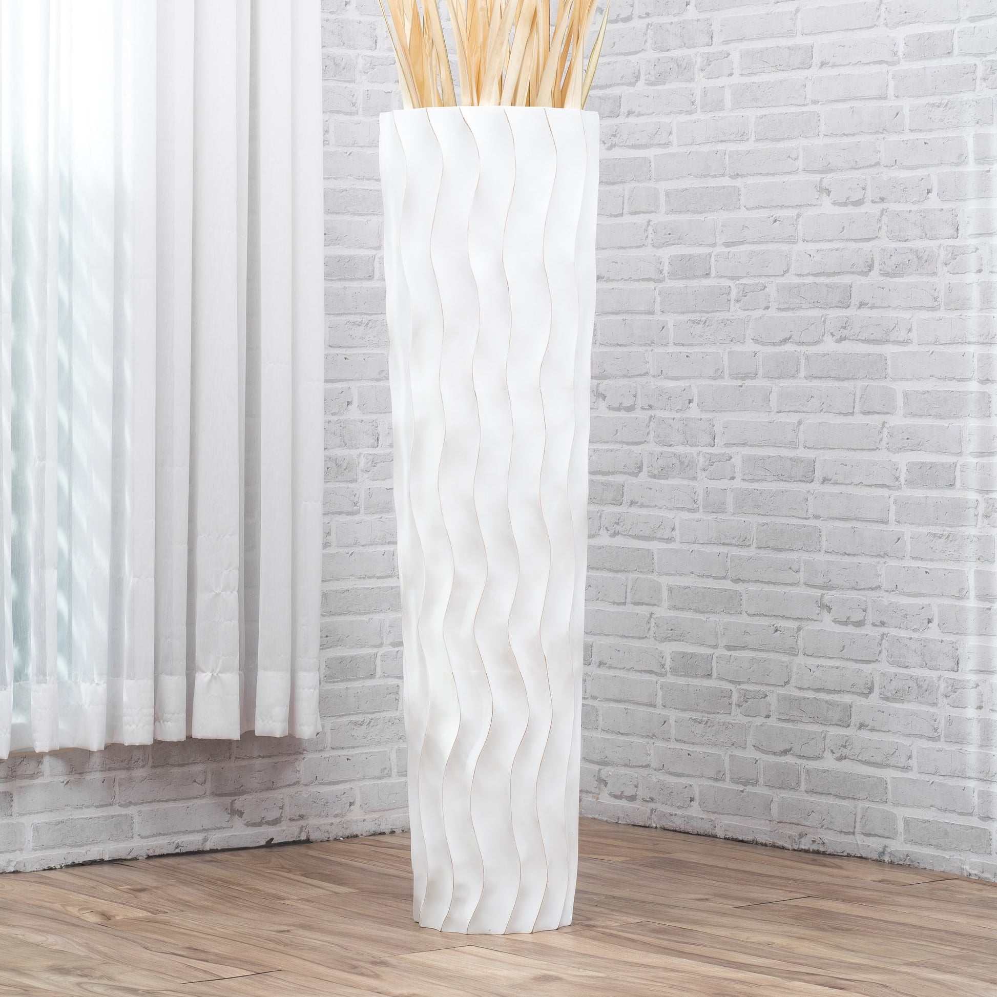 Large Mango Wood Floor Vase – Handcrafted Decorative Highlight from Thailand, white wash, 105 cm
