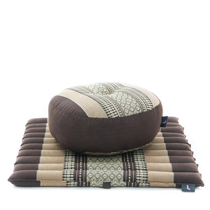 Compact Meditation Cushion Set Made of Kapok – Small Zabuton & Zafu with Cotton Cover, Sf10 - Brown