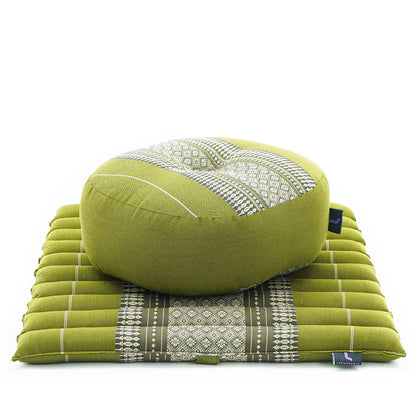 Compact Meditation Cushion Set Made of Kapok – Small Zabuton & Zafu with Cotton Cover, Sf17 - Green