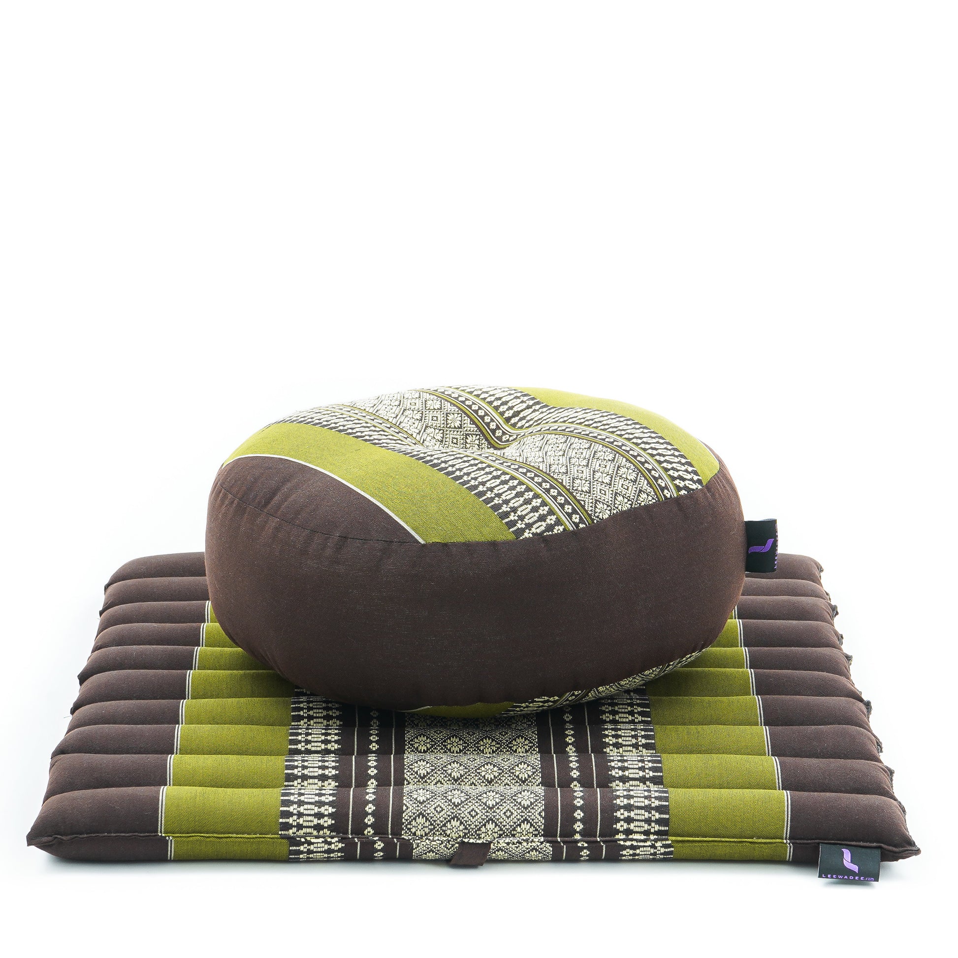 Compact Meditation Cushion Set Made of Kapok – Small Zabuton & Zafu with Cotton Cover, Sf20 - Brown, Green