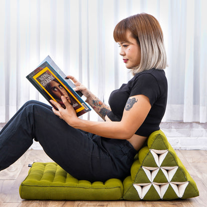 Triangular Kapok Backrest Cushion – Firm Thai Reading Pillow with Cotton Cover in Plain or Patterned Designs, Cl23 - Green, 1 seating segment