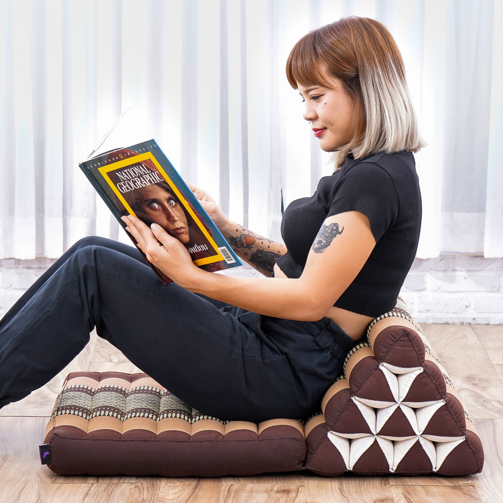 Triangular Kapok Backrest Cushion – Firm Thai Reading Pillow with Cotton Cover in Plain or Patterned Designs, Sf10 - Brown, 1 seating segment