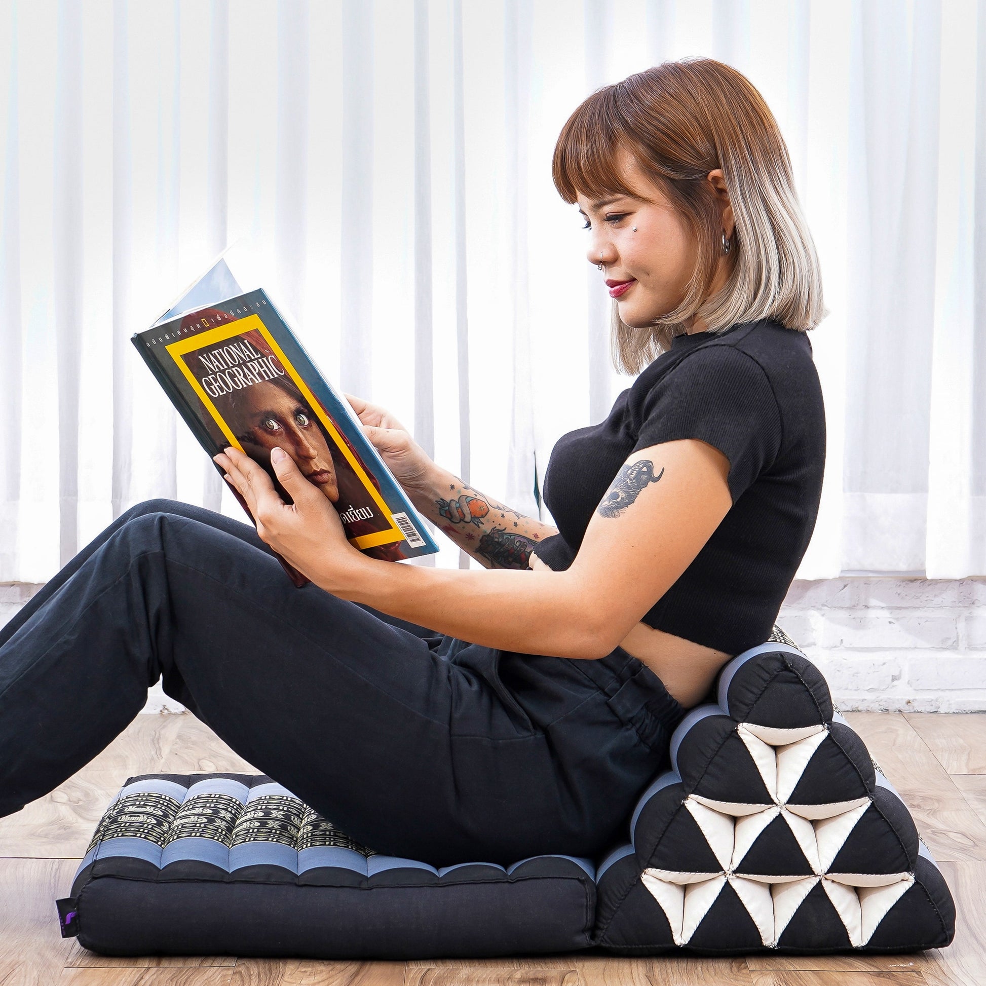 Triangular Kapok Backrest Cushion – Firm Thai Reading Pillow with Cotton Cover in Plain or Patterned Designs, Sf15 - Blue, 1 seating segment
