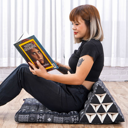 Triangular Kapok Backrest Cushion – Firm Thai Reading Pillow with Cotton Cover in Plain or Patterned Designs, Cbt4 - Black, 1 seating segment