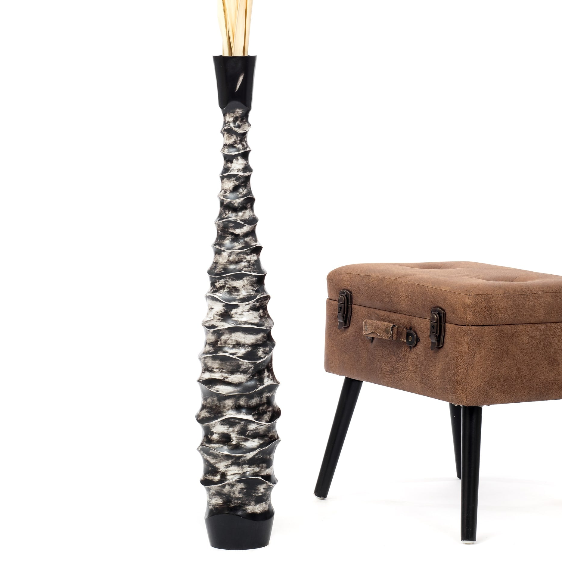 Large Mango Wood Floor Vase – Handcrafted Decorative Highlight from Thailand, black, white, 85 cm