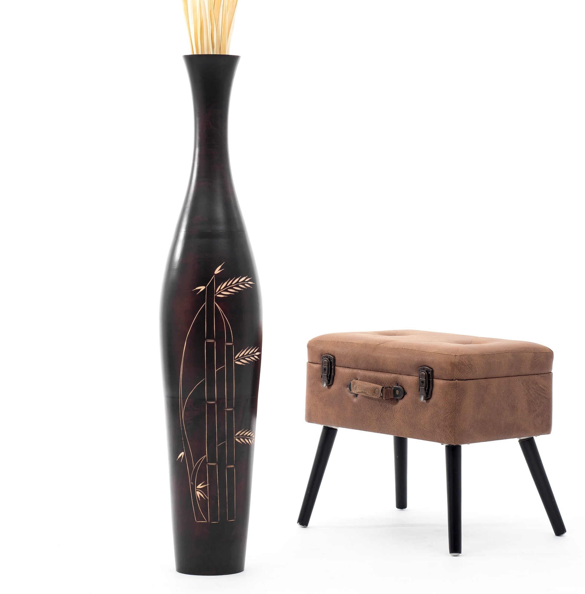 Large Mango Wood Floor Vase – Handcrafted Decorative Highlight from Thailand, brown, 105 cm