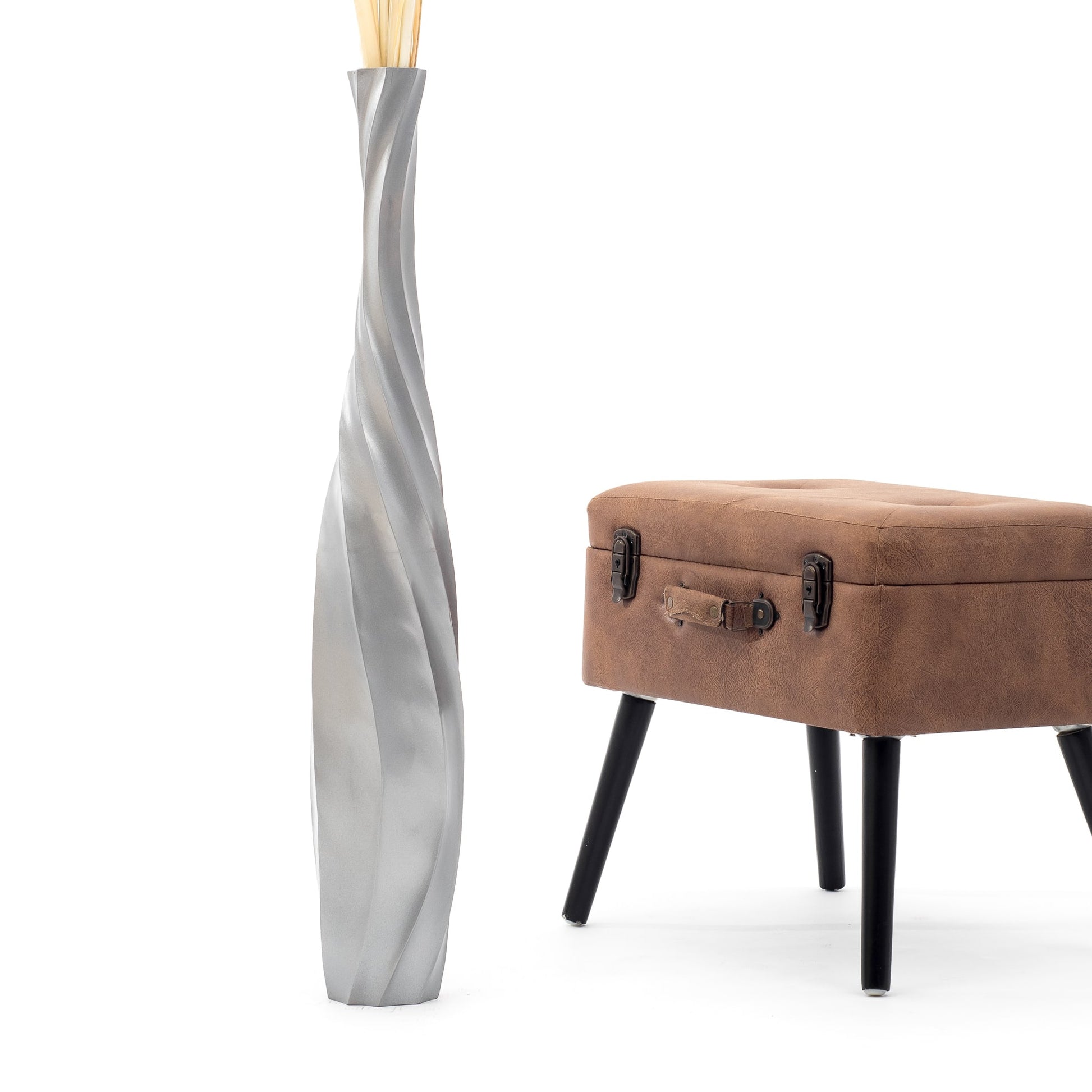Large Mango Wood Floor Vase – Handcrafted Decorative Highlight from Thailand, silver, 85 cm