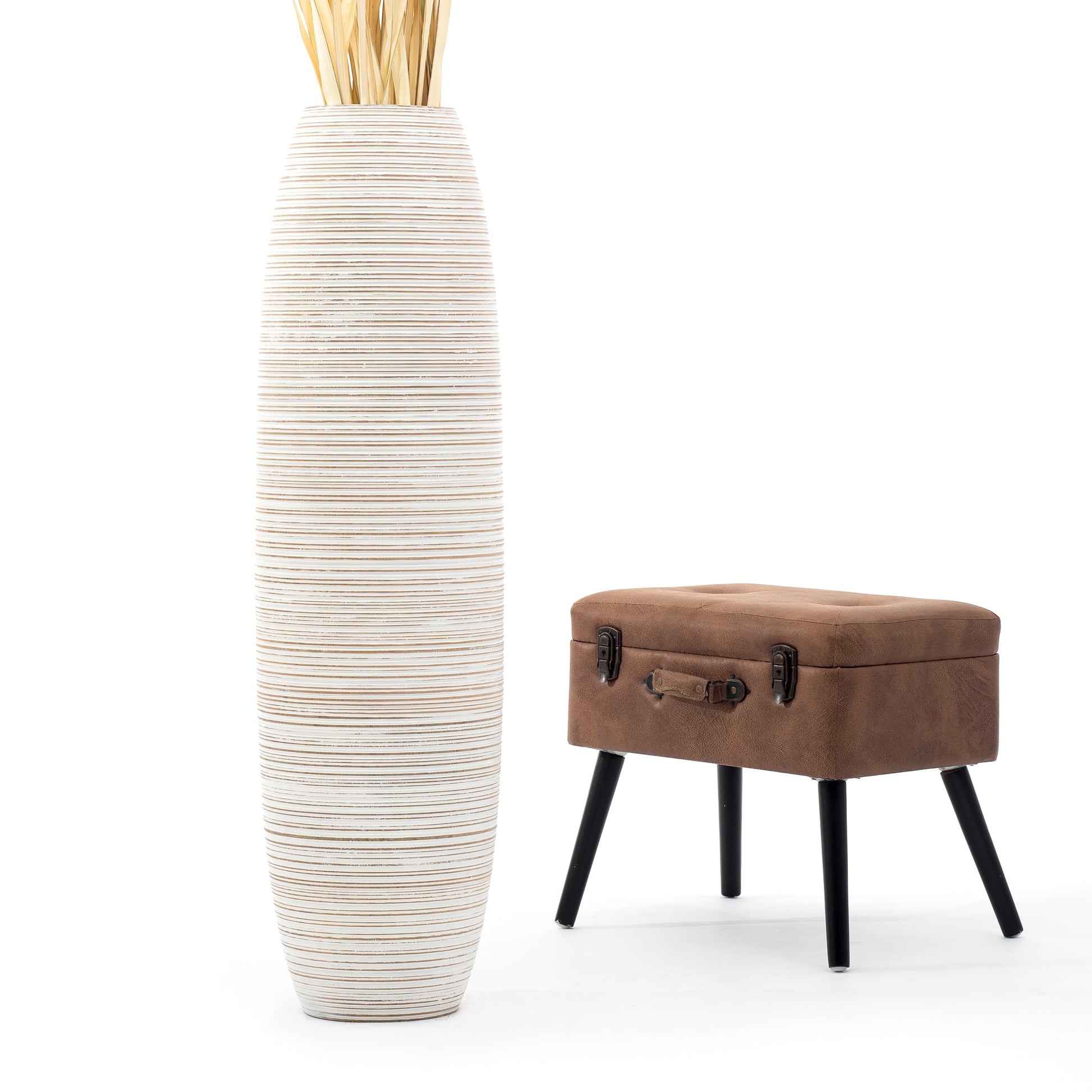 Large Mango Wood Floor Vase – Handcrafted Decorative Highlight from Thailand, white wash, 105 cm