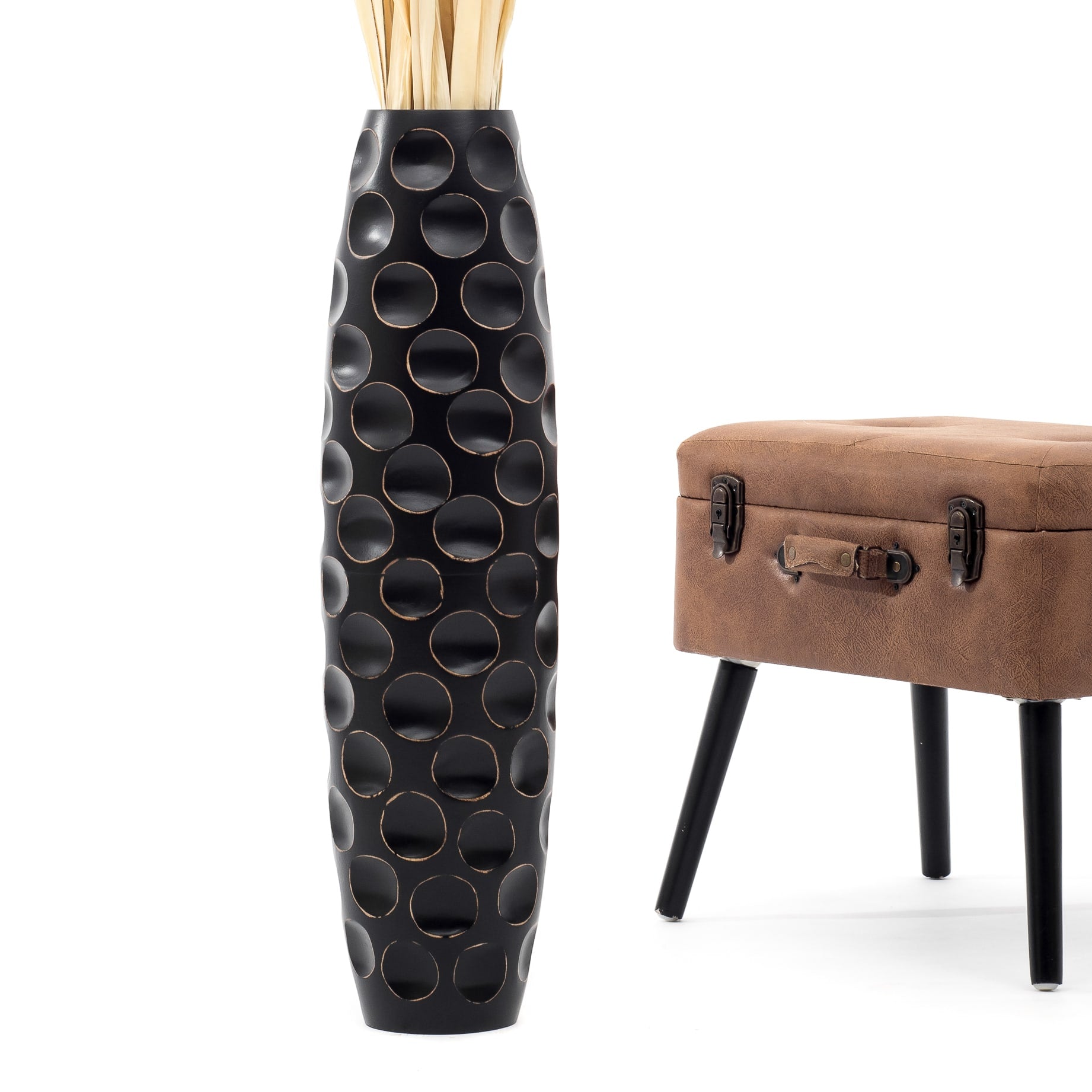 Large Mango Wood Floor Vase – Handcrafted Decorative Highlight from Thailand, black, 65 cm