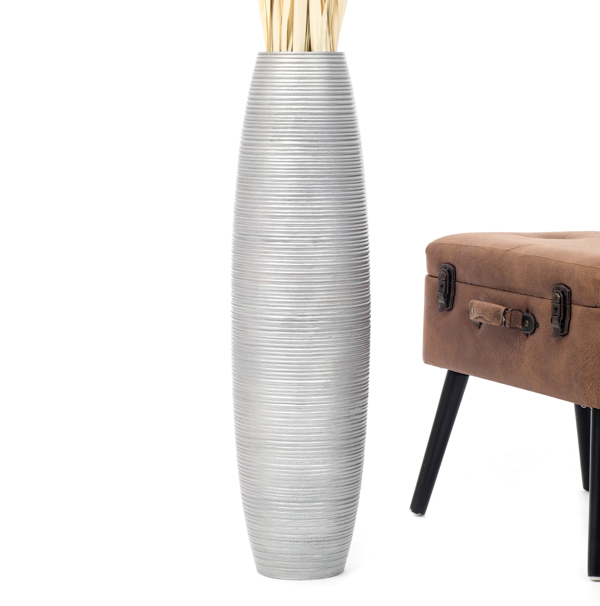 Large Mango Wood Floor Vase – Handcrafted Decorative Highlight from Thailand, silver, 65 cm