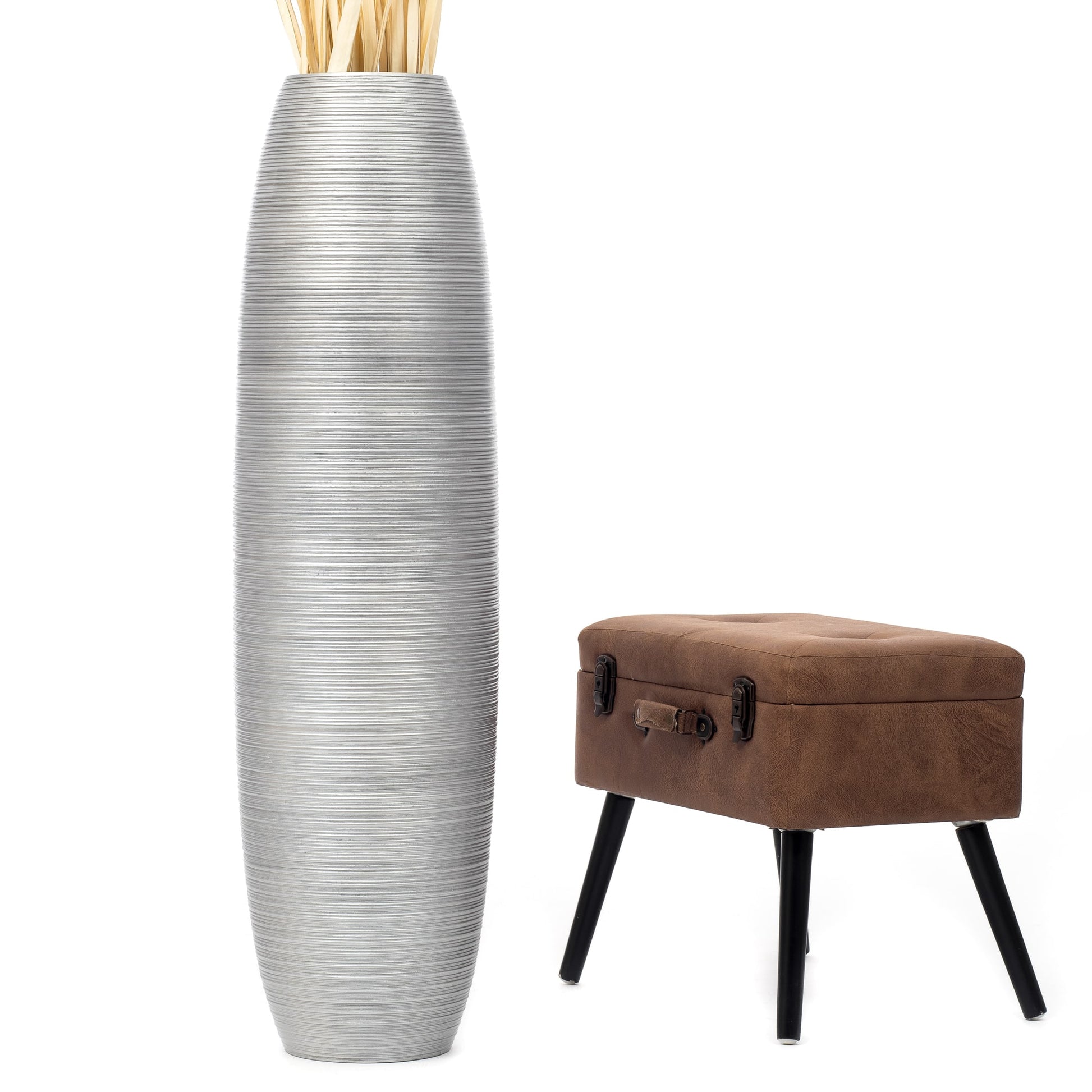 Large Mango Wood Floor Vase – Handcrafted Decorative Highlight from Thailand, silver, 105 cm