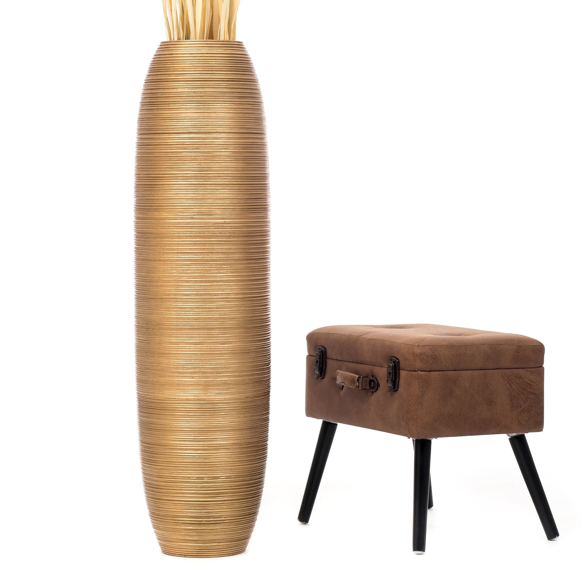Large Mango Wood Floor Vase – Handcrafted Decorative Highlight from Thailand, gold, 105 cm