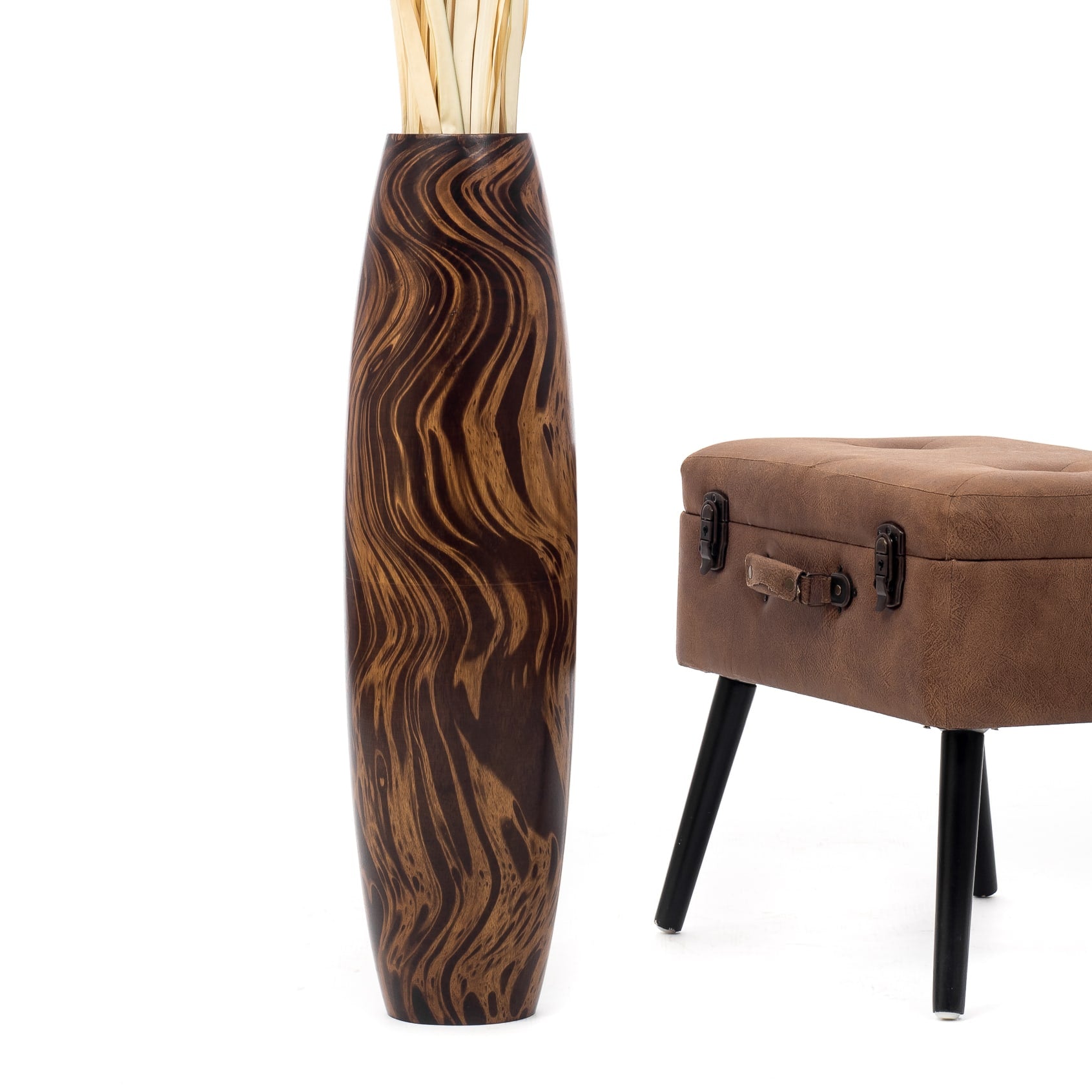 Large Mango Wood Floor Vase – Handcrafted Decorative Highlight from Thailand, brown, light brown, 65 cm