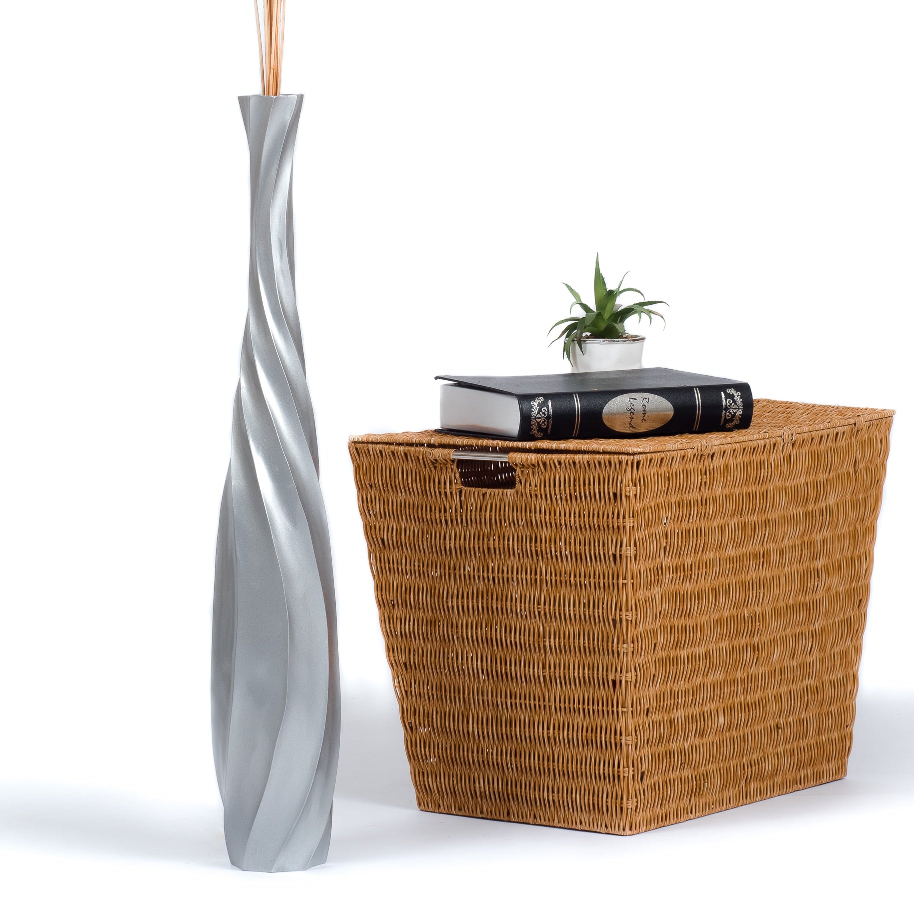 Large Mango Wood Floor Vase – Handcrafted Decorative Highlight from Thailand, silver, 65 cm