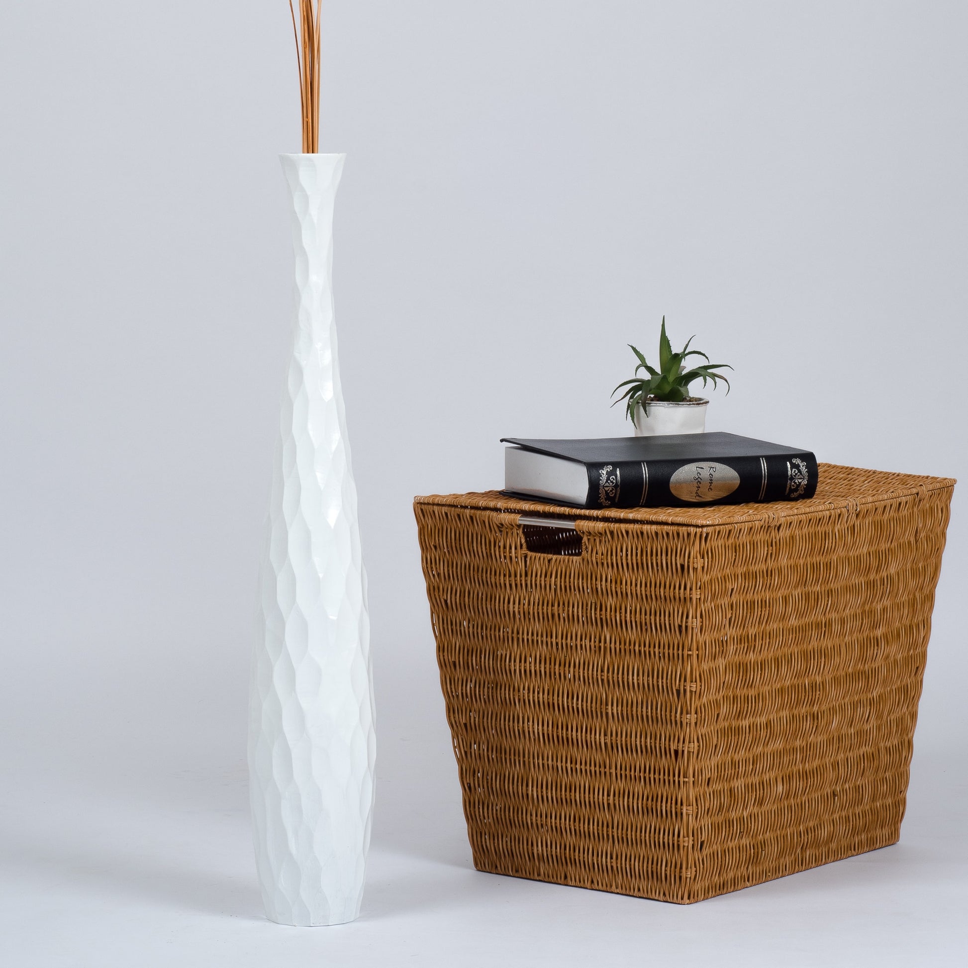 Large Mango Wood Floor Vase – Handcrafted Decorative Highlight from Thailand, white, 65 cm