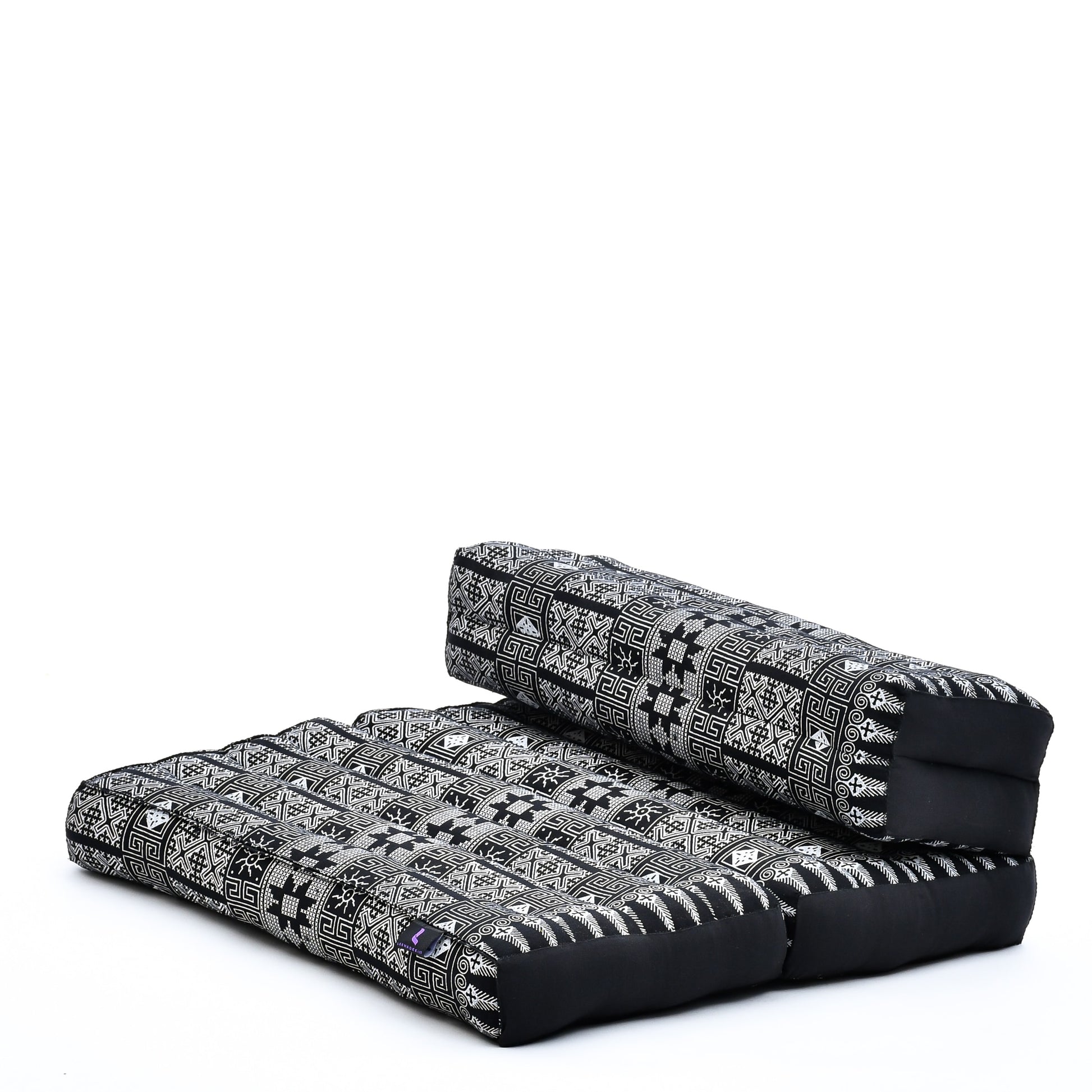 Foldable Meditation Cushion – Compact Kapok Seat with Foot Pad and Cotton Cover in Solid Colors or Thai Pattern, Cbt4 - Black