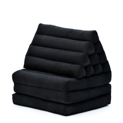 Thai Folding Mat with Triangle Cushion – Handmade Kapok Relax Mat for Sleeping, Reading & Lounging, Cl02 - Black, 3 seating segments