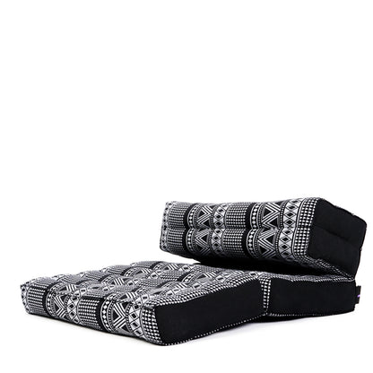 Foldable Meditation Cushion – Compact Kapok Seat with Foot Pad and Cotton Cover in Solid Colors or Thai Pattern, Cbt3 - Black