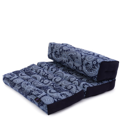 Foldable Meditation Cushion – Compact Kapok Seat with Foot Pad and Cotton Cover in Solid Colors or Thai Pattern, Cbt1 - Blue
