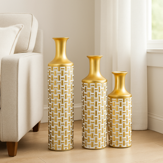 3-Piece Metal Floor Vase Set – Tall & Large Handmade Decorative Vases, gold, white