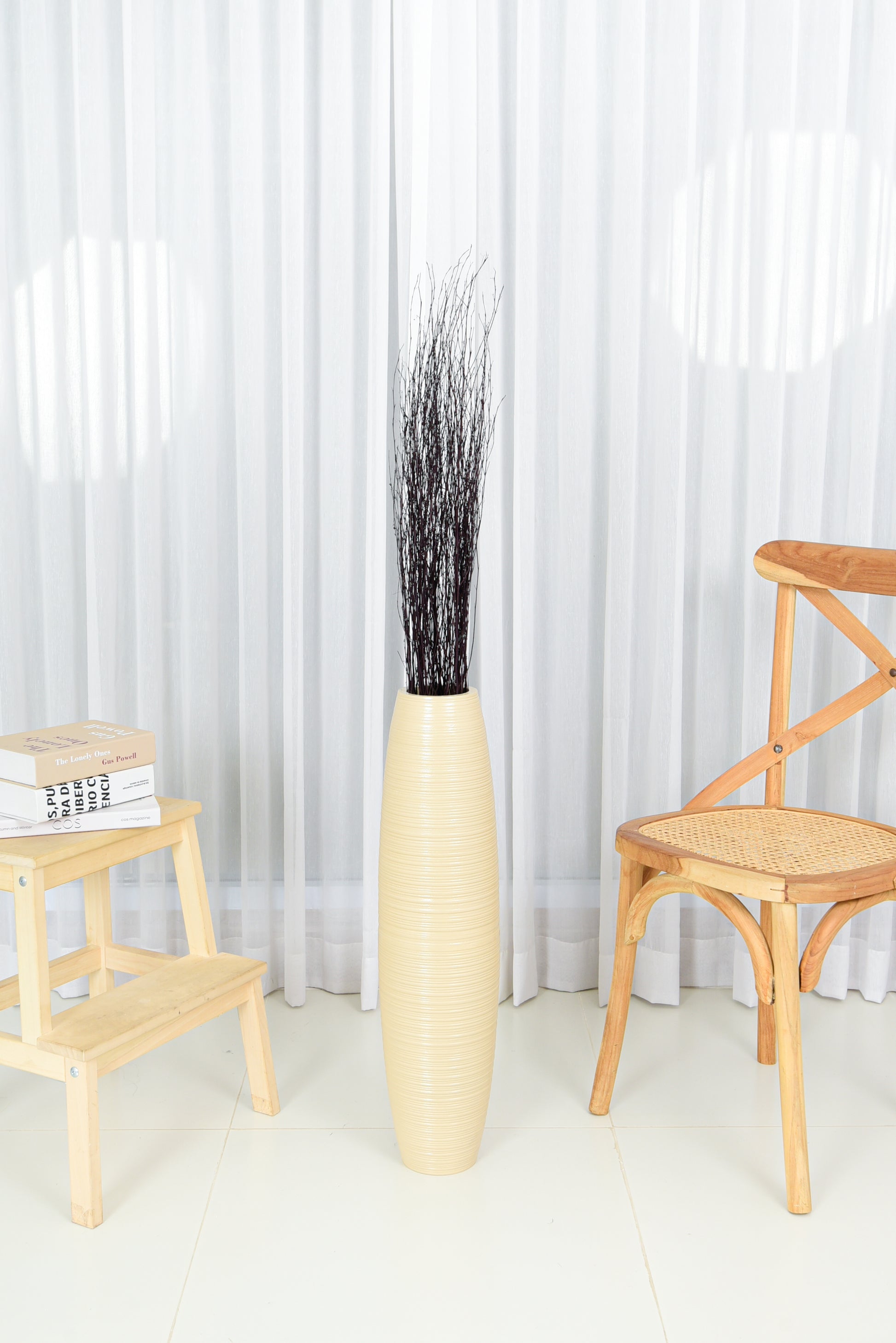Large Mango Wood Floor Vase – Handcrafted Decorative Highlight from Thailand, cream, 65 cm